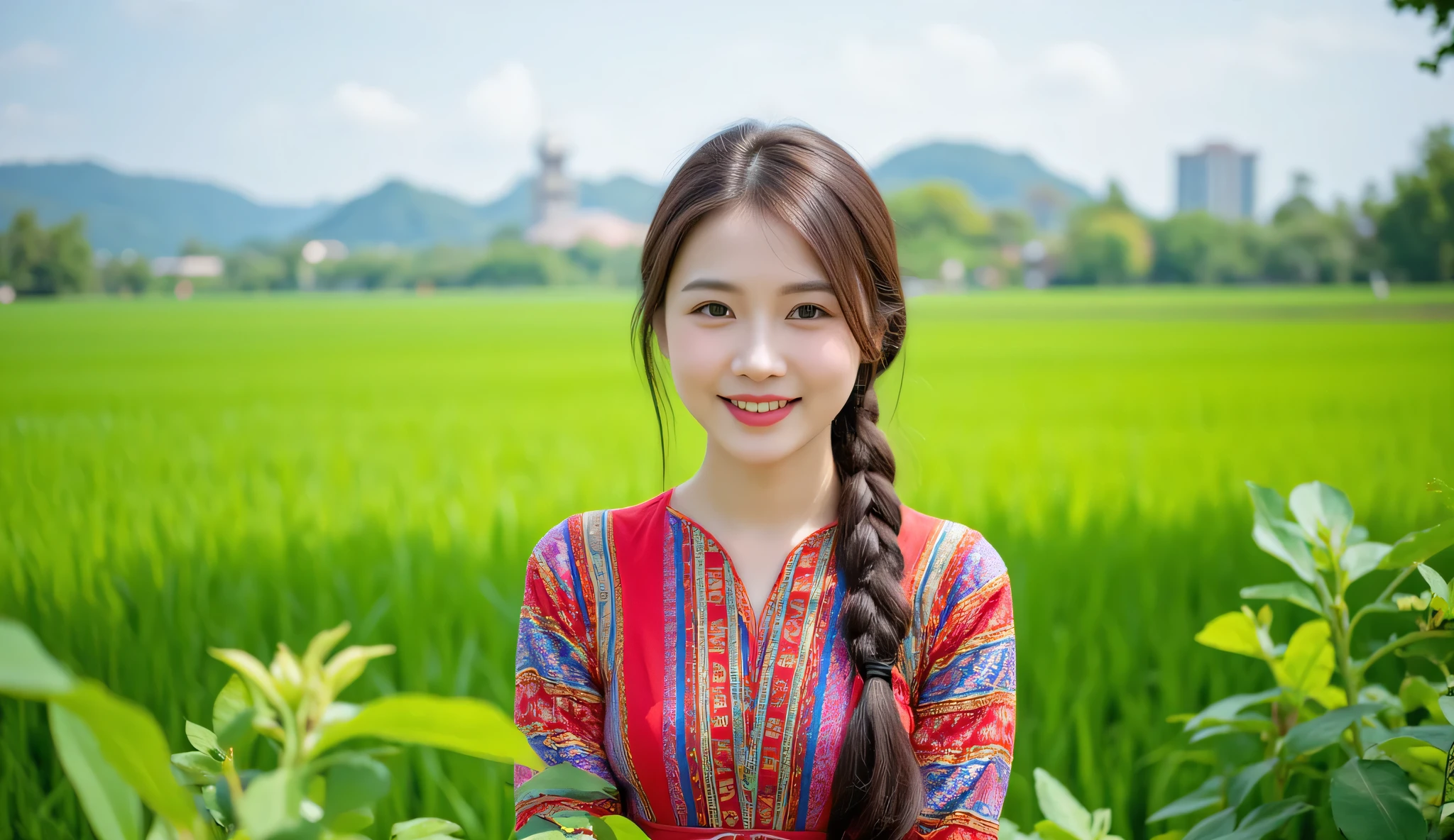 "Sweet smiling woman in traditional Isan style dress amidst bright green fields. The picture looks fresh and has a Thai Isan folk atmosphere."
