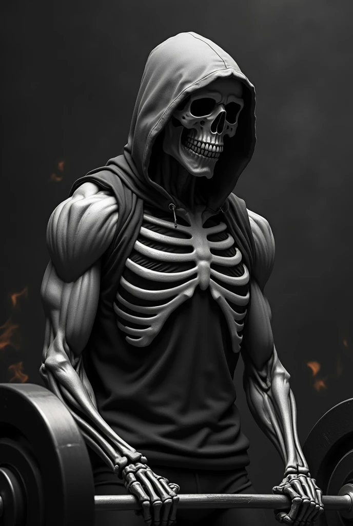 Make a picture of a skull with a hood, with strong arms and abs, on black and white background, that the image is centered from the head to the hip, Black background