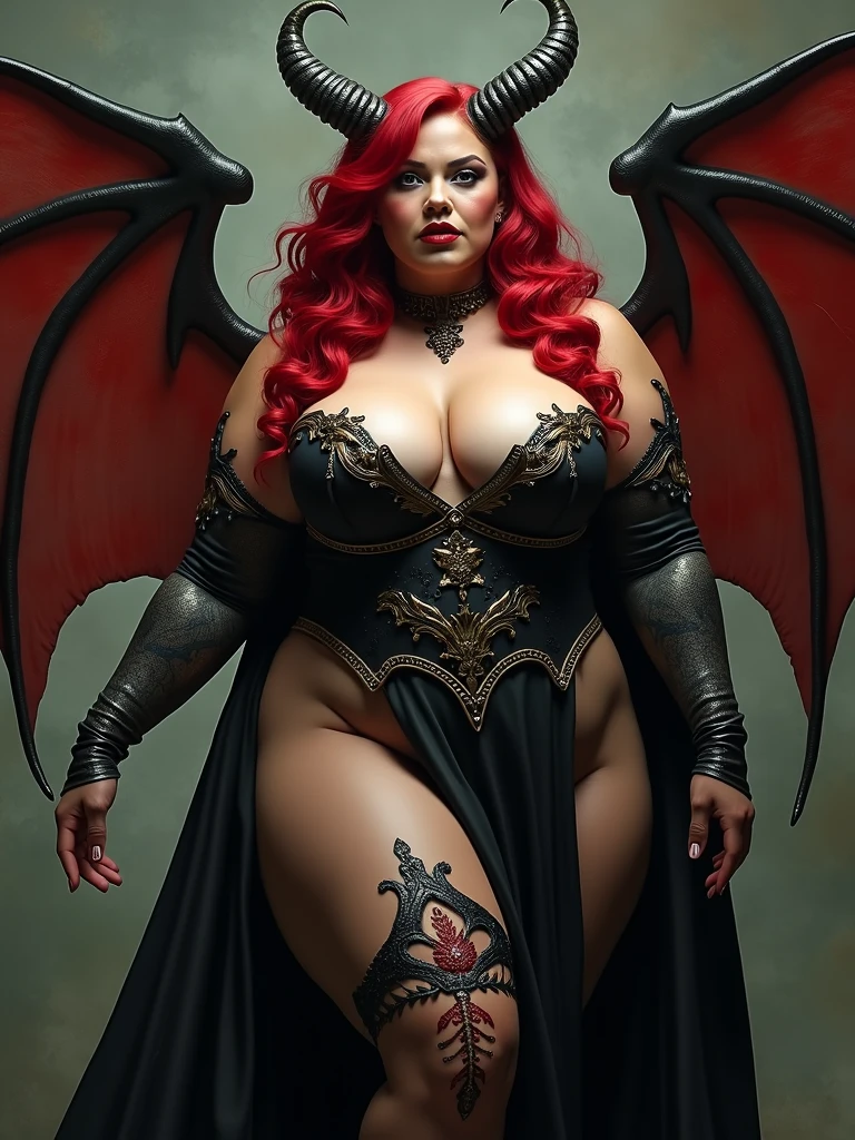 Realistic、Grey Sand Style,Lilith,Realistic、Horned Woman, Devilish、Lilith, Devilish 、、Queen, Female Devil, beautiful elegant demon Queen, white horns Queen demon, diablo digital concept art, Dark fantasy concept art, Queen of hell, Succubus, Queen of the underworld, Devil Woman, Diablo concept art, Queen of Change, wide ass, Cleavage,Huge , Close-fitting clothing,,clothing, masterpiece, Highest quality, super detailed, texture, Look into the viewer's eyes, detailed face, Shiny skin, Neon Light, Midnight, Cyberpunk Personalities, Optics, feet,Have a tattoo、Detailed tattoos on face and body、 Clear images,Saturated colors、 Blooming around the light,red tint、Hell painting background,Fat girl、Thick waist、Face of a young woman with plump body、Beautiful expression、Big Belly、Full body portrait、High heels、tail、Full body portrait、The whole body is projected、Stand with pride、Full body portrait、Full body portrait