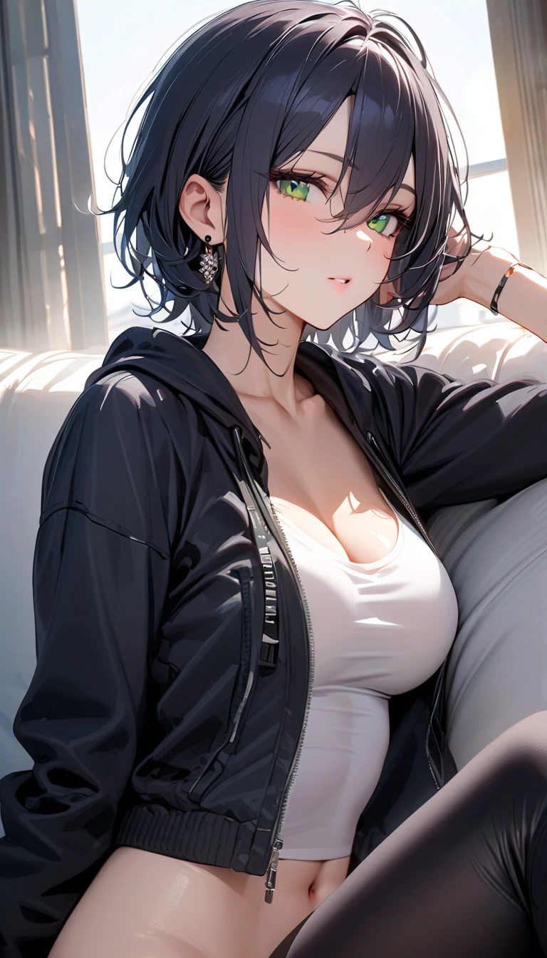 (masterpiece, best quality:1.4), 8k, Black Hair, purple Highlights Hair, Messy Short Pixie Cut, Young adult, anime girl, Annoyed, Angry, Big Chest, light yellow Eyes, in the Livingroom, Black Jacket crop top (detailed eyes and face, sharp pupils, realistic pupils:0.6)