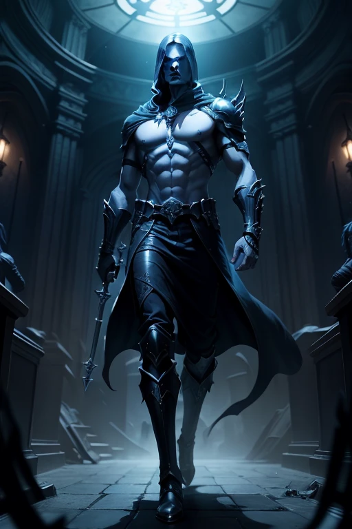 (Perfectly Detailed Eye Rendering), Create an image that depicts Hades, inspired by the book descriptions of the Hades and Persephone saga, written by Scarlett St. Clair. Hades is described as an imposing and seductive Greek god with a dark and powerful aura. He possesses a tall stature and a sculpted body, emanating strength and authority. Her black hair is long and dense, falling in seductive waves over her broad shoulders. His deep eyes are the most intense blue color, conveying a magnetic mystery. He has majestic black horns that curve elegantly around his head, further underscoring his divine nature. The expression on his face reflects a piercing gaze, full of power and knowledge of the dark world he rules. (His skin is pale), like the silvery light of the moon, contrasting with the gloomy scenery around him. In addition, Hades is depicted wearing elegant and majestic costumes, which perfectly match his imposing presence. Their appearance is a balance between beauty and power, attracting both admiration and awe. When creating the image of Hades, be sure to capture his dominant presence, the intensity of his gaze, and the combination of his dark and seductive features. The image should convey the strength and mystery that surrounds it, bringing to life this fascinating Greek god of the underground.