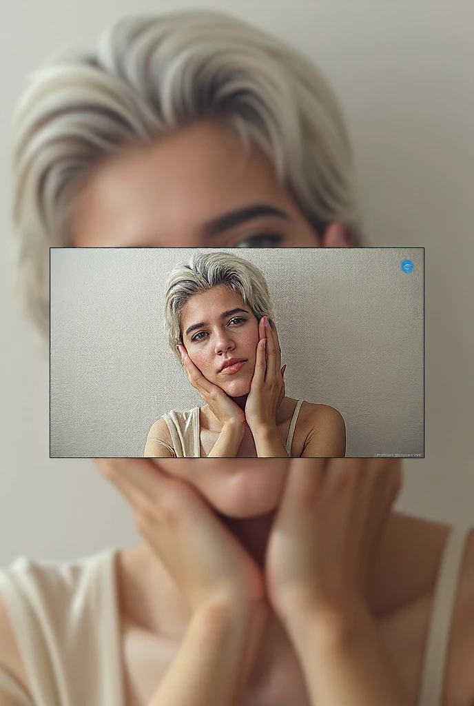 very beautiful 30 year old woman, , Rear view, white wall in front of your face ,holding a painting on the wall to hang it, , with sophisticated clothes, Jeans ,White T-shirt , blonde short hair, short modern bob, influencer,