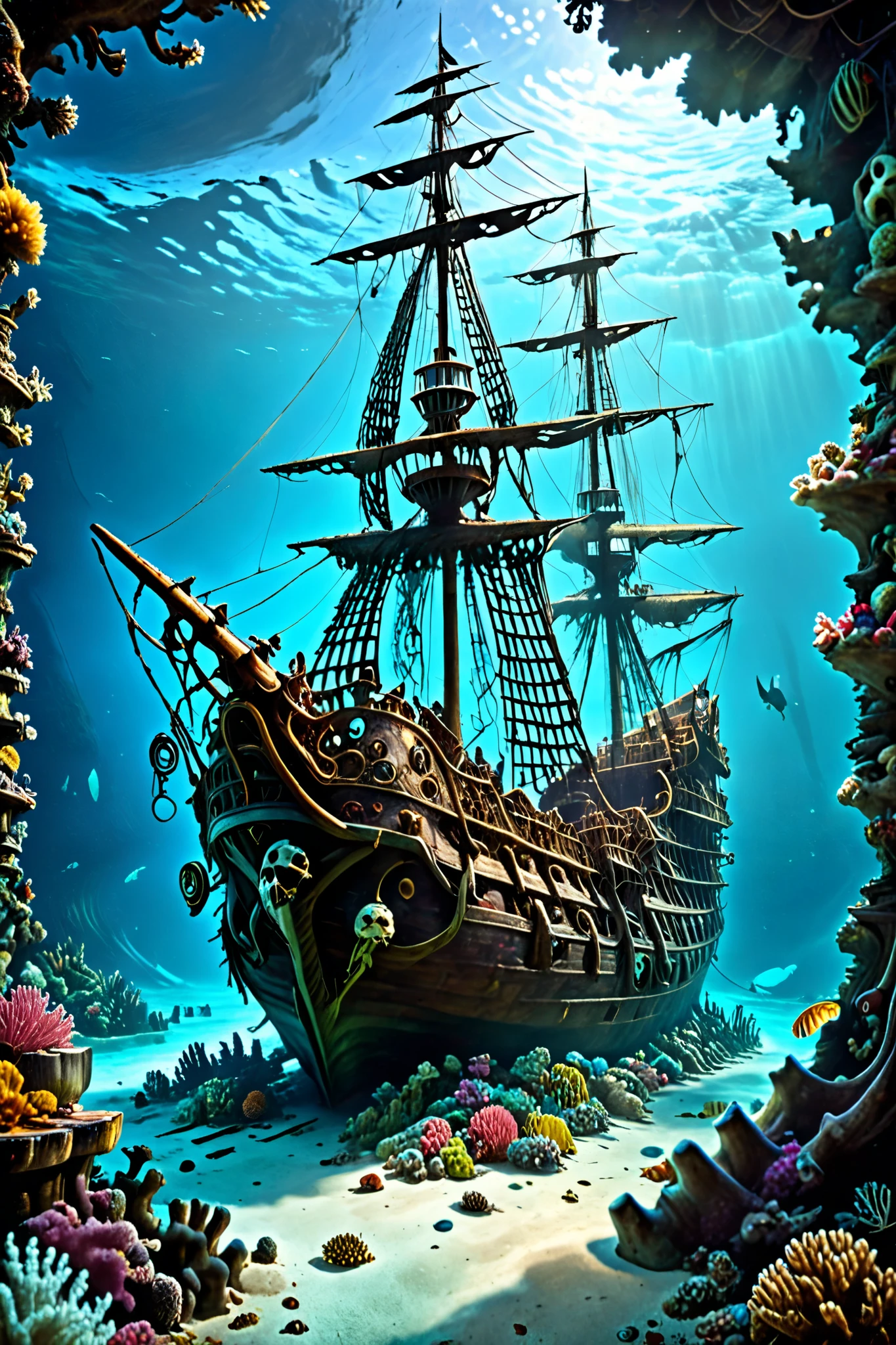  A sunken sailing ship ,  sank on a coral reef , Masts and rigging ,  open cannon hatches out of which cannons rise ,  holes in the ship's hull ,  Fish swim through the holes in the hull .
 Outside the hull on the corals is a treasure chest,  a skeleton in broken pirate garb guards the chest 