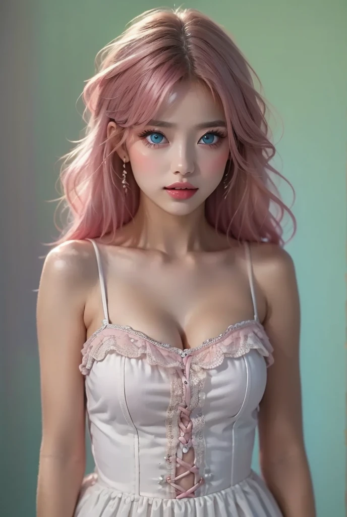 Very beautiful sexy blonde masterpiece, pink hair, blue eyes, expressive eyes, detailed skin, realistic skin texture, texture, detailed eyes, beautiful woman, pink bra, pink lace panties,