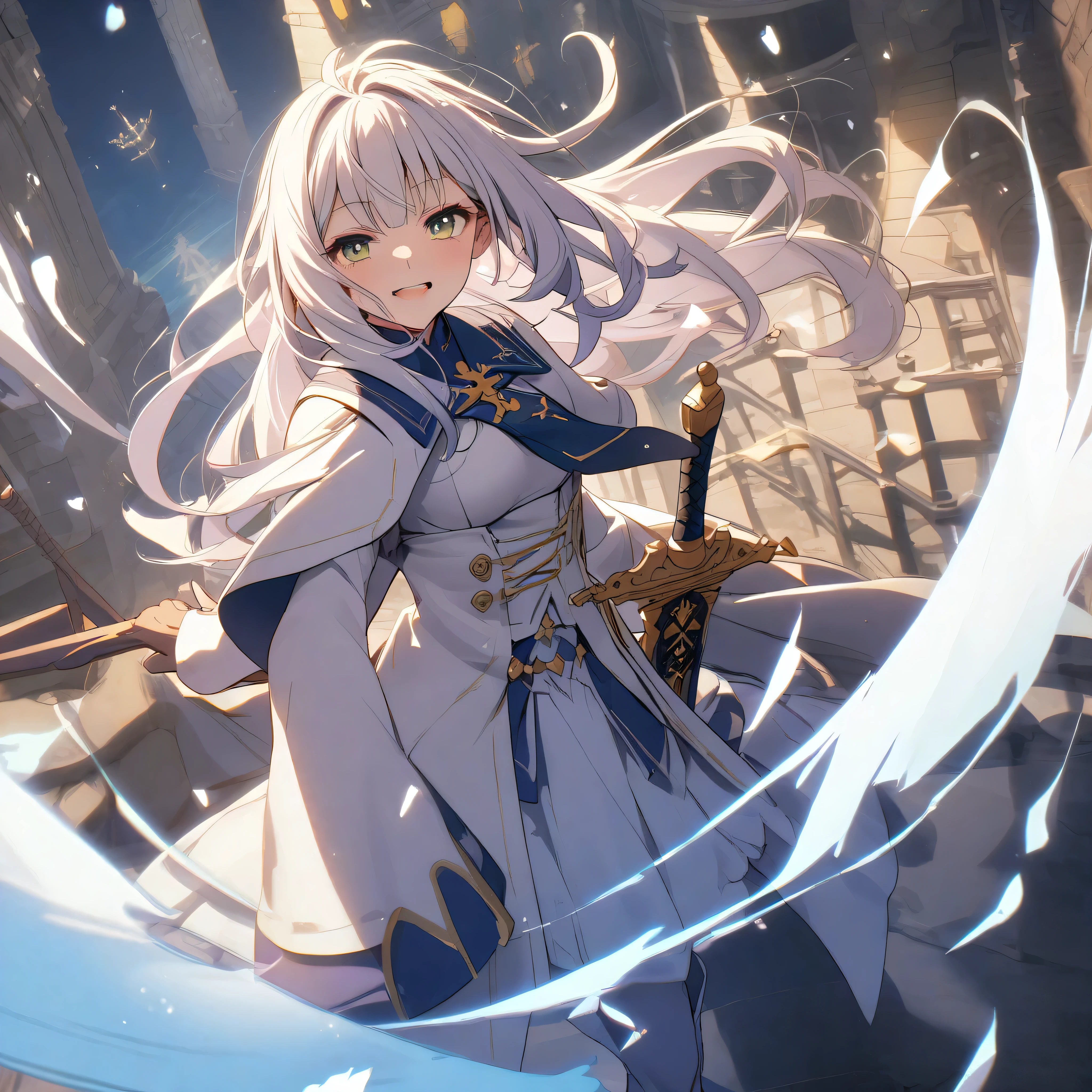 Anime girl with long white hair and blue dress holding a sword - SeaArt AI