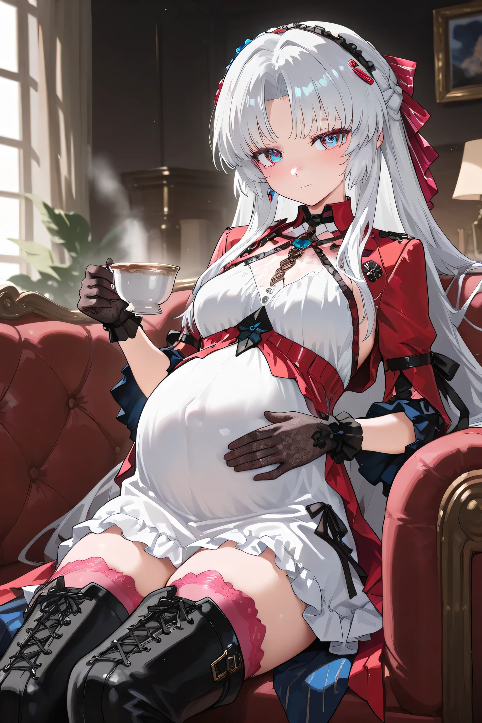 (Best quality, 4k, 8k, high resolution, masterpiece:1.2), ultra detailed, intricate details, SOLO, beautiful girl, long flowing silver-white hair, braided strands, bangs, (layered eyes: outer red, middle green, inner blue:1.0), small-medium breasts, perfect smooth skin, looking at viewer, gentle smile, slight blush, head tilted, elegant, aristocratic, (Pregnant:1.2), Carlotta, at house on luxury sofa, relaxing, holding a cup of tea, enjoying tea time, wearing a red corset, (white frilly dress:1.0), red ribbon, blue floral hairpins, black lace gloves, red jacket with slit sleeves, (pink thigh-high socks:1.2), (black high-heeled thigh-high boots:1.2), sitting gracefully, soft atmospheric lighting, luxurious and gothic-style room, warm and cozy ambiance, gentle glow from fireplace, refined and noble presence, 