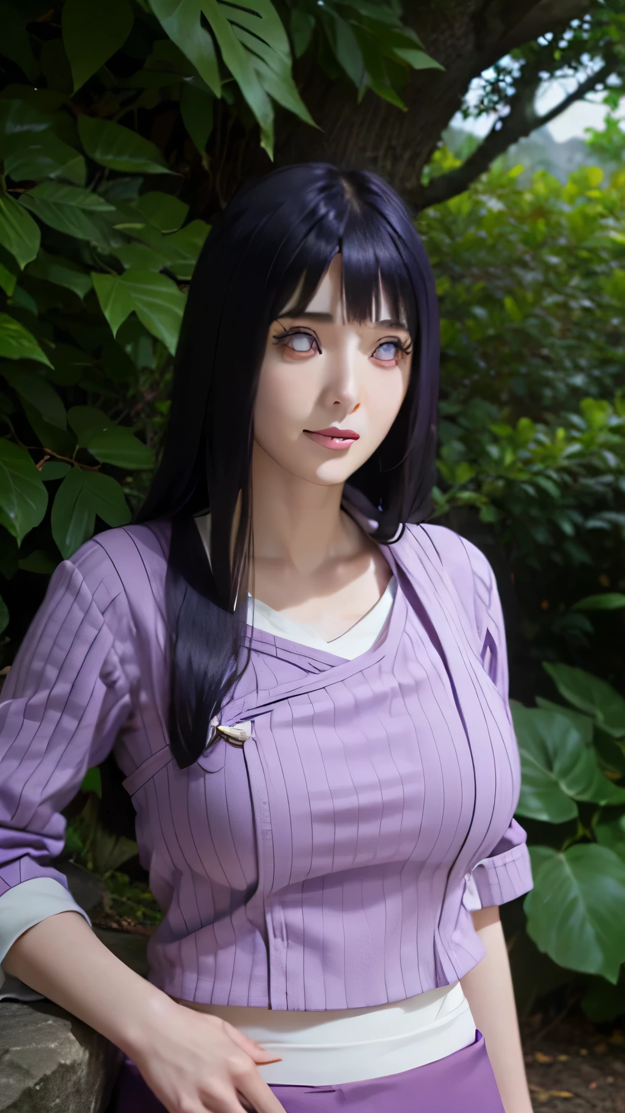 masterpiece, hinata\(boruto\), 1girl, mature women, (((wearing a purple jacket))), (((close-up:1.4))), (((closed clothing))), (((Cleavage))), (((big breasts))), (((big round breasts))), (((round breasts))), (((extremely heavy breasts))), (((Colossal tits))), (((heavy breasts))), (((plump breasts))), (((perfect breasts))), (shy face), detailed lips, beautiful face, blush, (pink lips), (((long hair))), white eyes, gentle gaze, smile, super realistic, detailed, realistic face and body, realistic hair, realistic eyes, realistic nose, realistic lips, seductive pose, (((straight bangs))), (dark blue hair), 28 year old girl