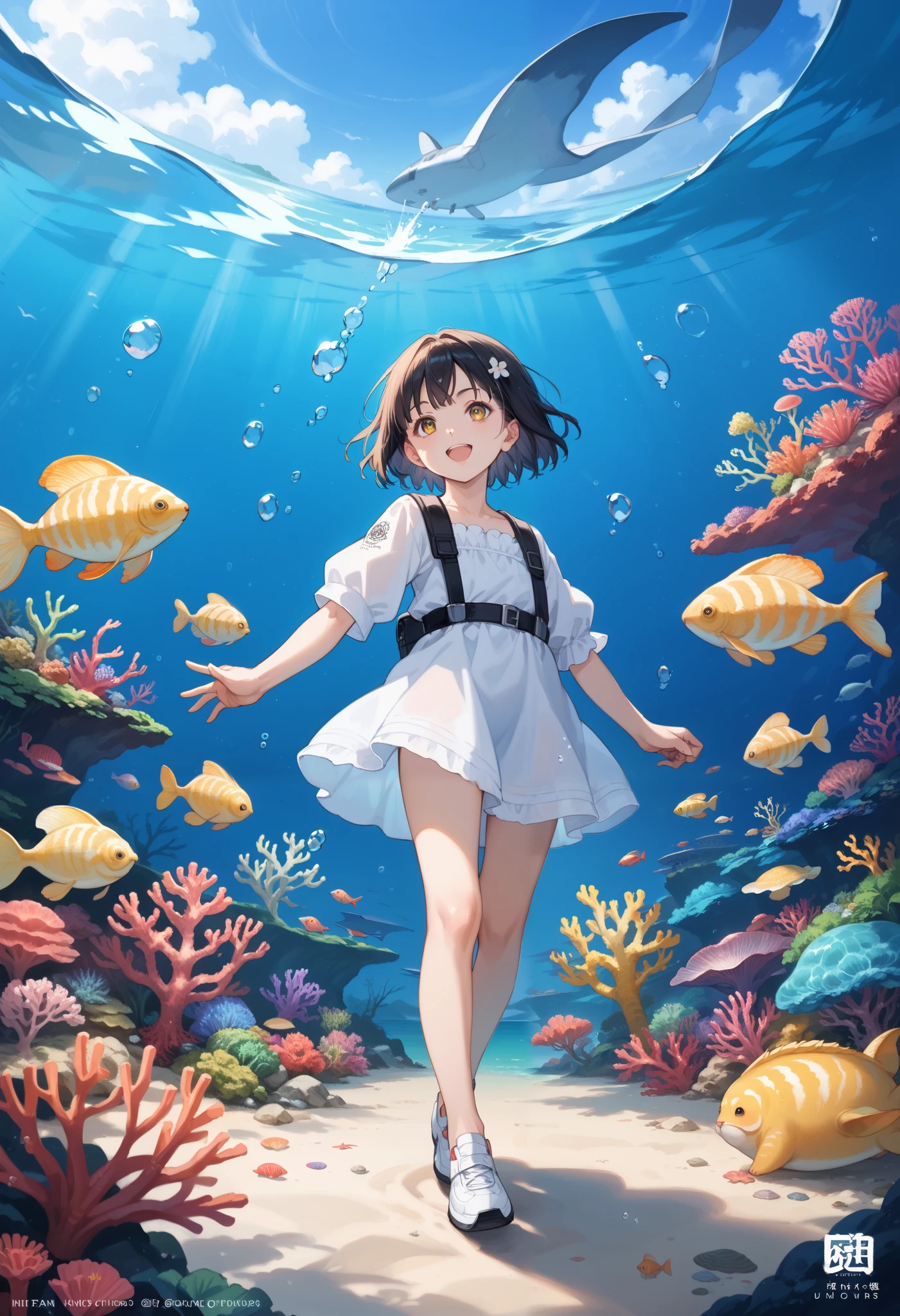 anime girl in a bikini sitting on a rock surrounded by fish, in the sea, conrad roset and makoto shinkai, by Yanagawa Nobusada, in the ocean, lain iwakura, standing under the sea, by Ai-Mitsu, by Kamisaka Sekka, by Shingei, official illustration, anime illustration, in a sea