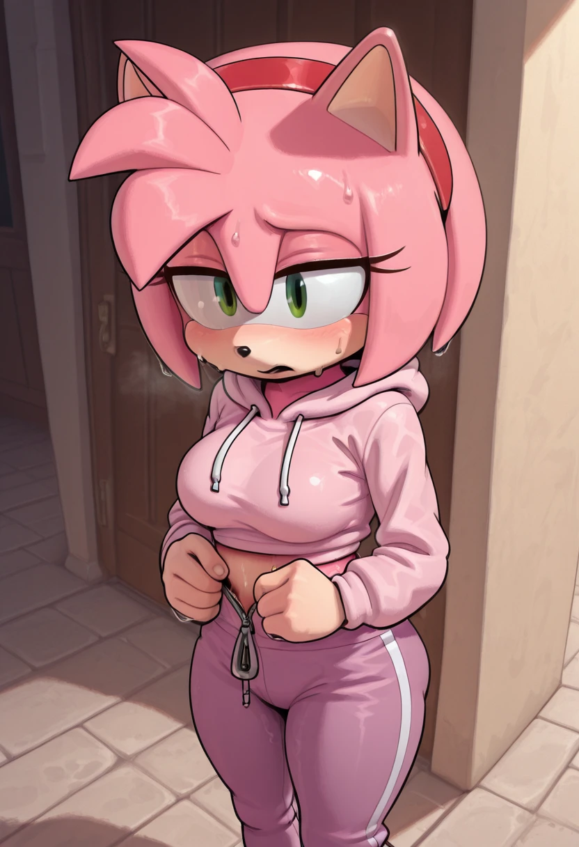 AmyRose, kneeling, doggystyle sex, slender, red dress, boots, hairband, fat man, room, on all fours, gloves