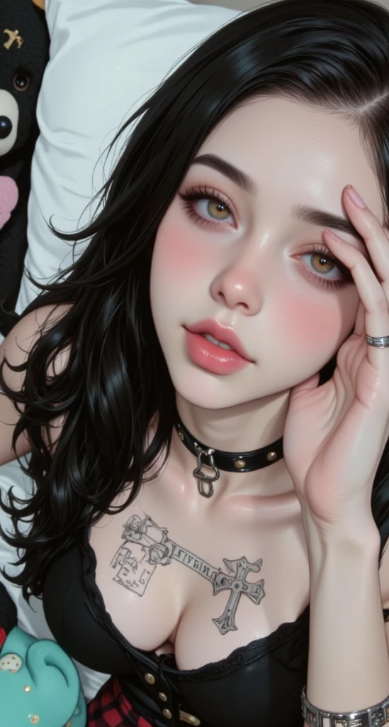 8k ultra realistic cg, Masterpiece, ((ultra detailed background, delicate pattern, intricate detail)), Best Quality, intricate details, chromatic aberration, 1 girl, wide, black hair, messy hair, red reflections, sharp eyes, choker, brick wall, graffiti, dim lighting, Short shirt, off the shoulder, see through white shirt, Masterpiece, Best Quality