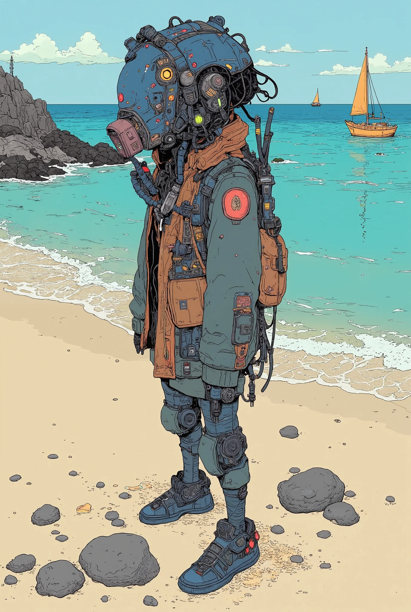 There is a man with a helmet and a backpack on the beach - SeaArt AI