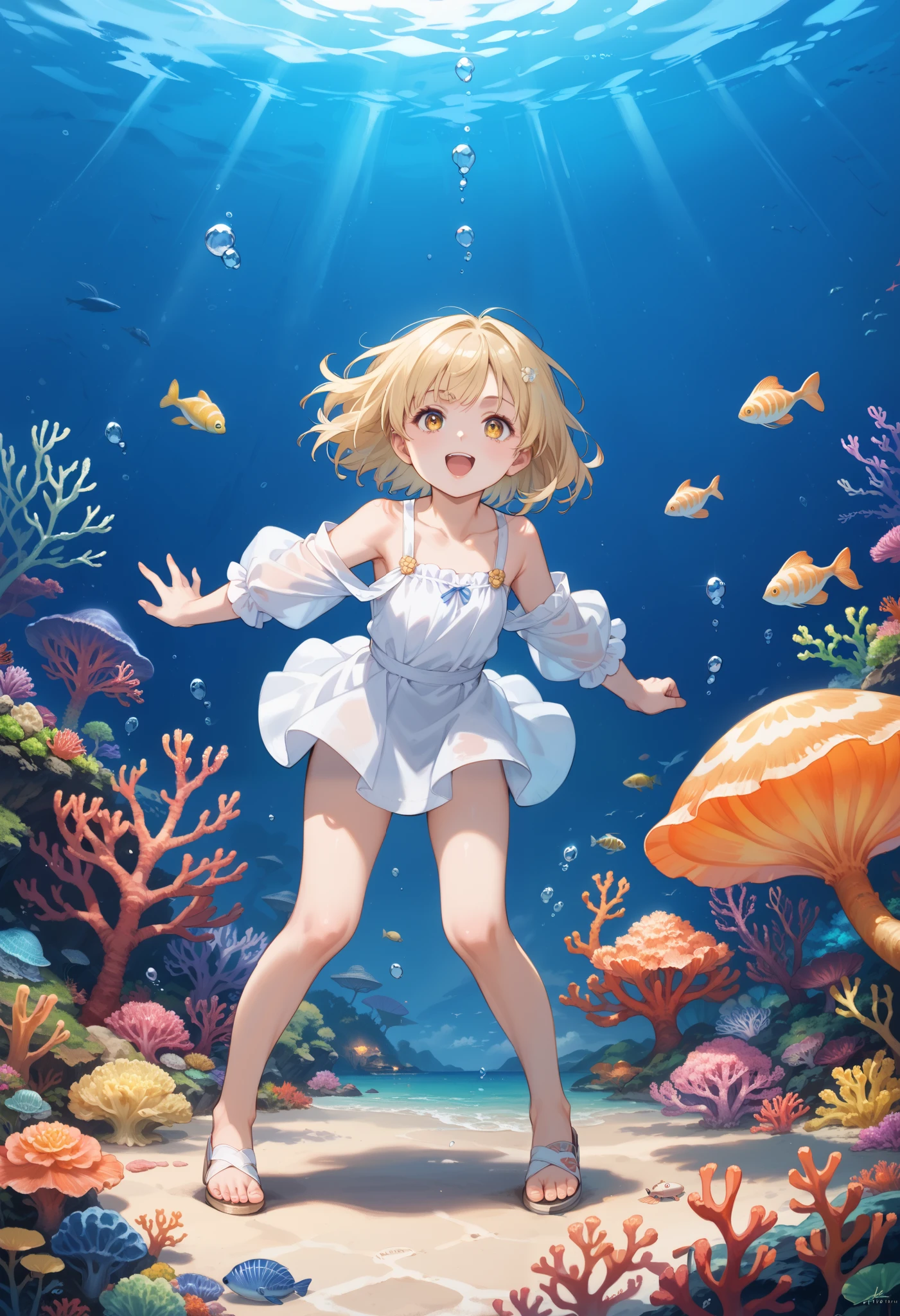 action  shot, Hanfu girls swim surrounded by flocks of koi , Spiral mode, Underwater perspective, Look up at the sky under the sea,Beautiful coral reef， HD authentic Van Gogh sky,Capture a captivating depiction of Vincent van Gogh's iconic starry night,vibrant, Blue and yellow light up the night sky, Transports the viewer to the vision of famous artists, In the topic "In good faith: Makoto Shinkai", Miyazaki style, 32K, Surreal photography,shuixia