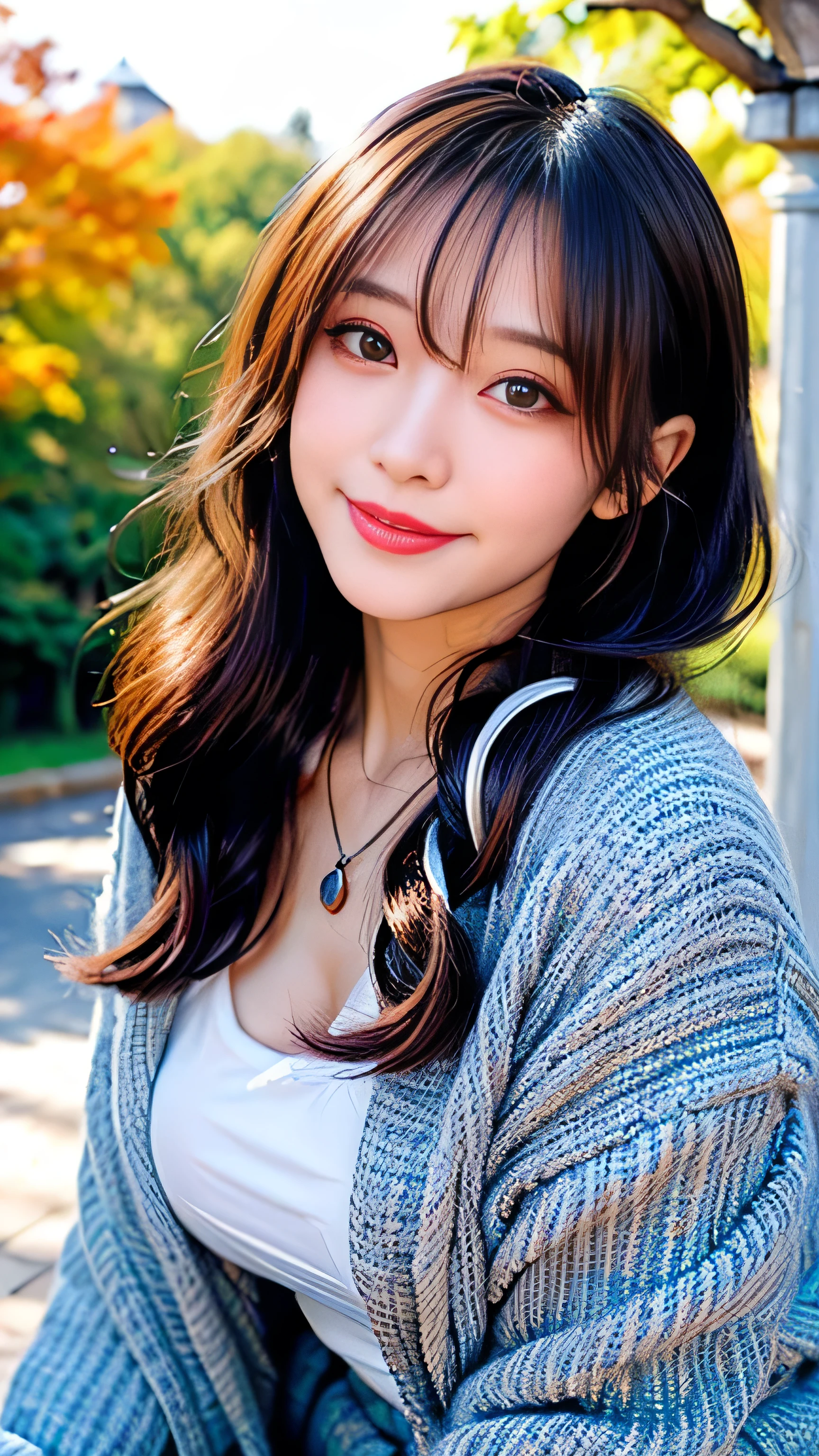 seed;88117315,((Full Body Angle))、Front hair:1.3))、((Highest quality, 8K, masterpiece: 1.3)), concentrated: 1.2, Cute girl 1,Nipples erect、 Perfect beauty: 1.4,Cut and sewn T-shirt Raglan sleeve summer short sleeve T-shirt.Shorts: 1.2,Long sleeve、Randall Color、comics&Text Graphics、Black ruffle-trimmed drawstring zip blouse,1.1, Highly detailed face and skin textures, Fine grain, double eyelid, whitening skin, ,Highest quality,Ultra-high resolution,you,1 girl,alone,_Shiny_skin,Iris,necklace,((brown_length_Wavy_hair)),(lips)),eyelash,Front hair,deal with,compensate,Shiny,pore,skin,Large Breasts、((smiling face))、Walking in the park、walk、