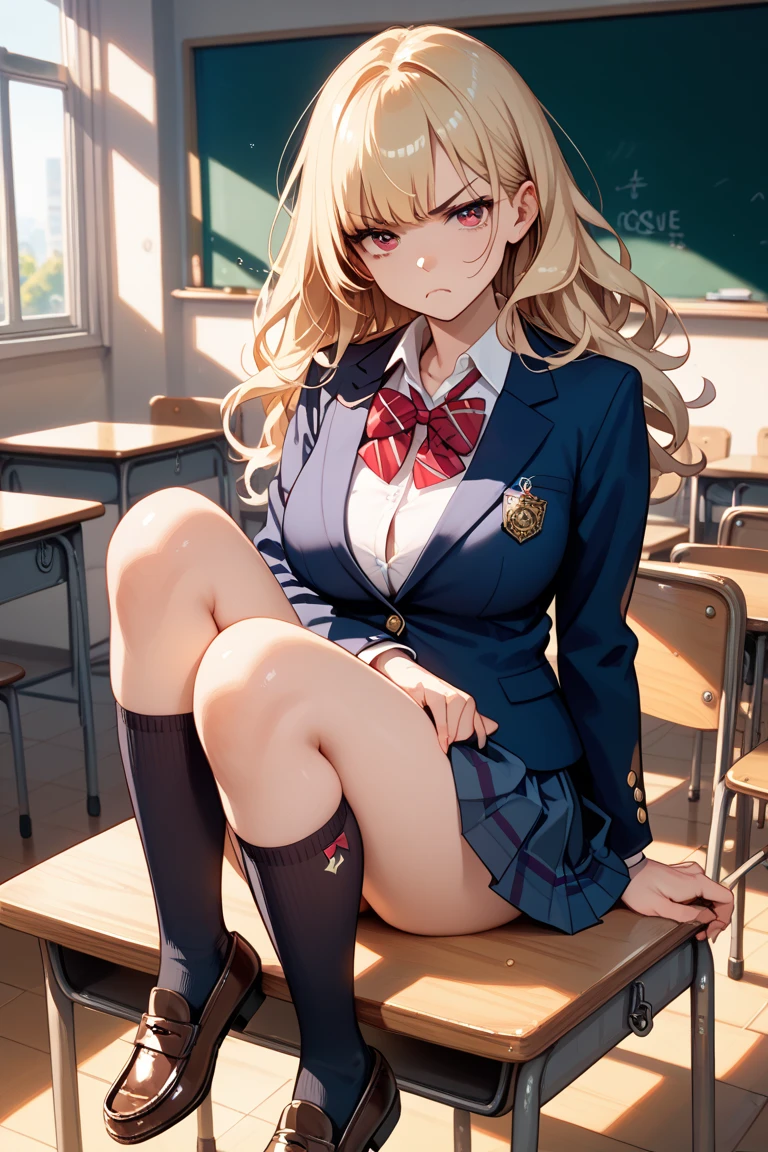 Arabic Asian woman in uniform sitting at a desk, かわいいhigh school girl, ポーズをとるhigh school girl, a hyper現実的なhigh school girl, 16K quality、最high quality, High resolution, Actual Photos, (Ultra-realistic、Realistic)、spread legs、show white panties、sexly,((Full body portrait))、(((very beautiful blonde teenager)))、 ((sitting on a chair in the classroom))、 (((blonde)))、 ((Shiny Hair、stick out one ear、Medium Long Hair))、(blue eyes)、((idols wearing Nogizaka uniforms))、blazer、Neck ribbon、Checked mini skirt、Brown Loafers、(Big eyes、Very beautiful and subtle makeup, Light makeup, blondeの美しい髪)、((Her legs are spread open and her miniskirt is rolled up to show off her White panties.))、((Do not hide your panties))、(White panties)、Highly detailed eyes and face、Well-groomed nose、Thin eyebrows、(Perfect Eyes）、Perfect hands、Perfect Fingers、 (F Cup Big)、Clear double eyelids、Patchy's eyes、clear, Beautiful face and well-proportioned eyes, ( Very beautiful and subtle makeup, Light makeup、Well-groomed nose、Thin eyebrows), Border Light, (Soft Light, high quality, Smooth and sharp, 10x pixelation, Beautiful Eyeshadow),（(Browsing Caution))、((Ecstatic expression、reach sexual climax))、mouth hanging open、Sexy mouth、(Cute Japanese)、 smile、Fine and beautiful lips , Cute round face, Plump thighs、Accentuate your thighs、Hairstyles with bangs、Delicate body、slim、Light-reflecting skin、Model body type、Detailed fingers、Beautiful Eyes、長いまつ現実的なhigh school girl, Japanese Model, 現実的なhigh school girl, wearing Japanese School Uniform, Japanese School Uniform, high school girl, The entire subject is visible, high school girlの格好をした, からかいのsmile, Young Sensual Gravure Idol