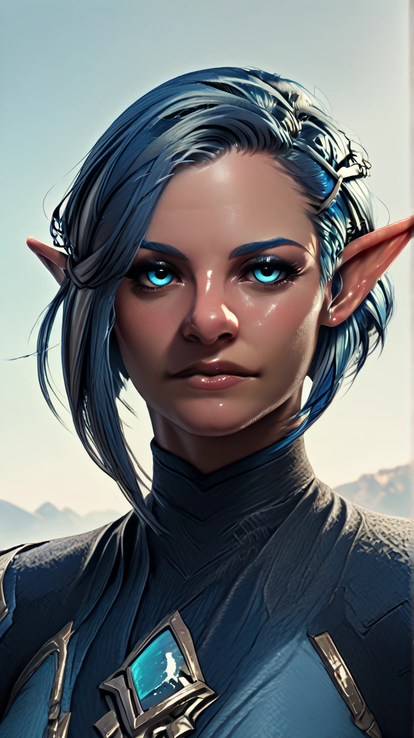 an elf woman with red hair and blue eyes, black alien armor, freckles, blush, eyeshadow, tattoos, cute face