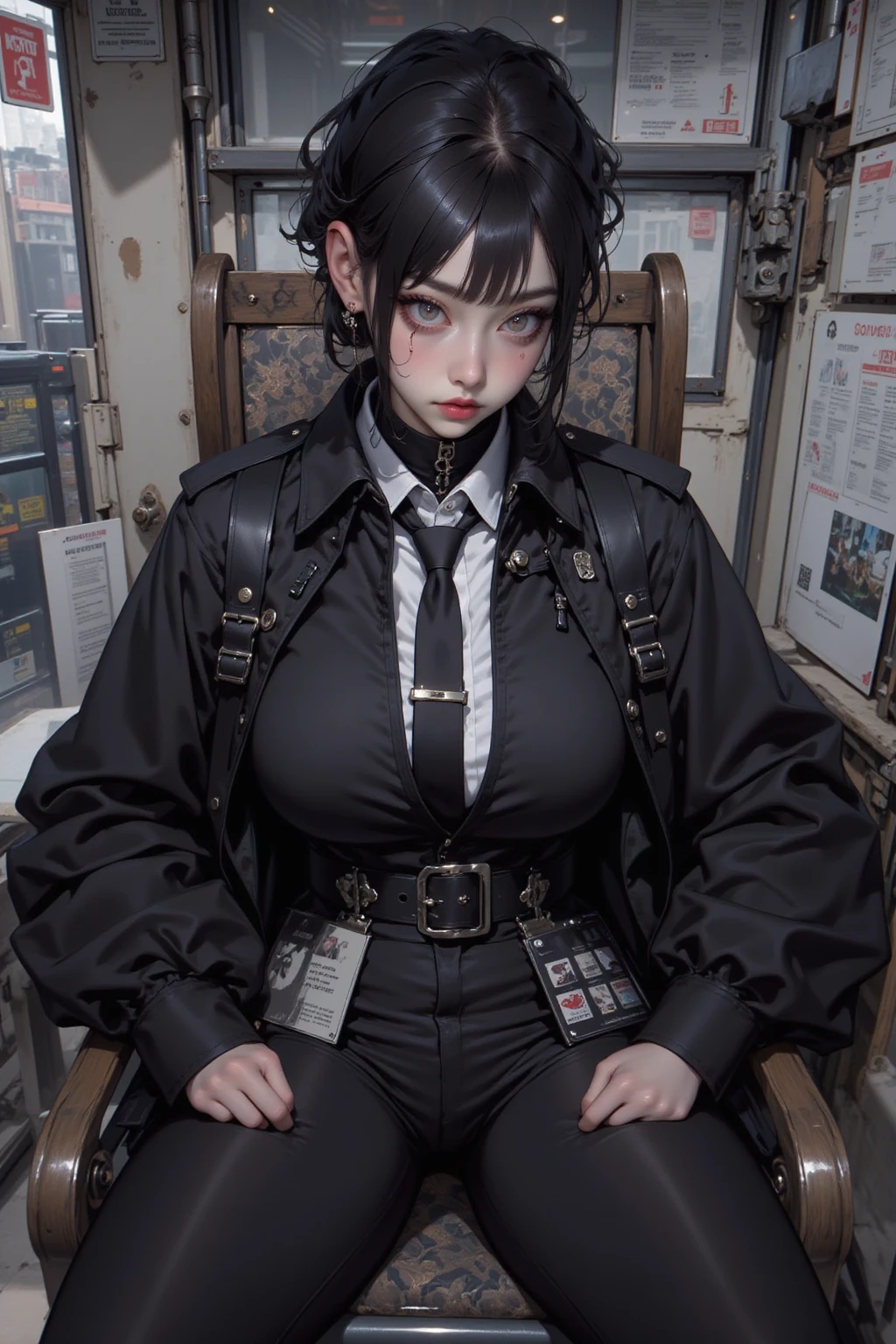  in high definition、 ulchan-6500-v1.1, ( RAW Photo :1.2), ( Photorealistic ),  trench coat with protruding  ,  very detailed目と顔,  Beautiful and delicate sticky liquid dripping from eyes ,  large file size , Wearing a high-resolution black suit,  very detailed,  top quality, [ Masterpiece:1.6], Awareness-raising,  very detailed, CG, finely,  top quality, 8k wallpaper,  Movie Lighting,  in the seat, ,  Perfect Body, There is light 、 short hair、 and a shape with a huge border、Snowy Town。