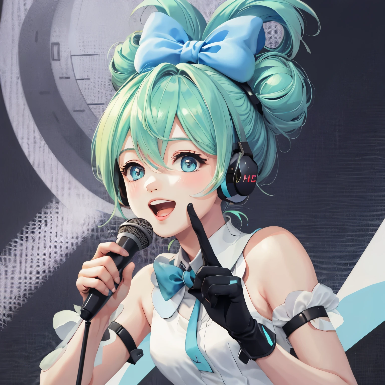 Cinnamic,  headphones  ,  Singing with a Microphone , Hi-Res,  look,  blushes,  smiles,  open your mouth slightly,  top quality, 