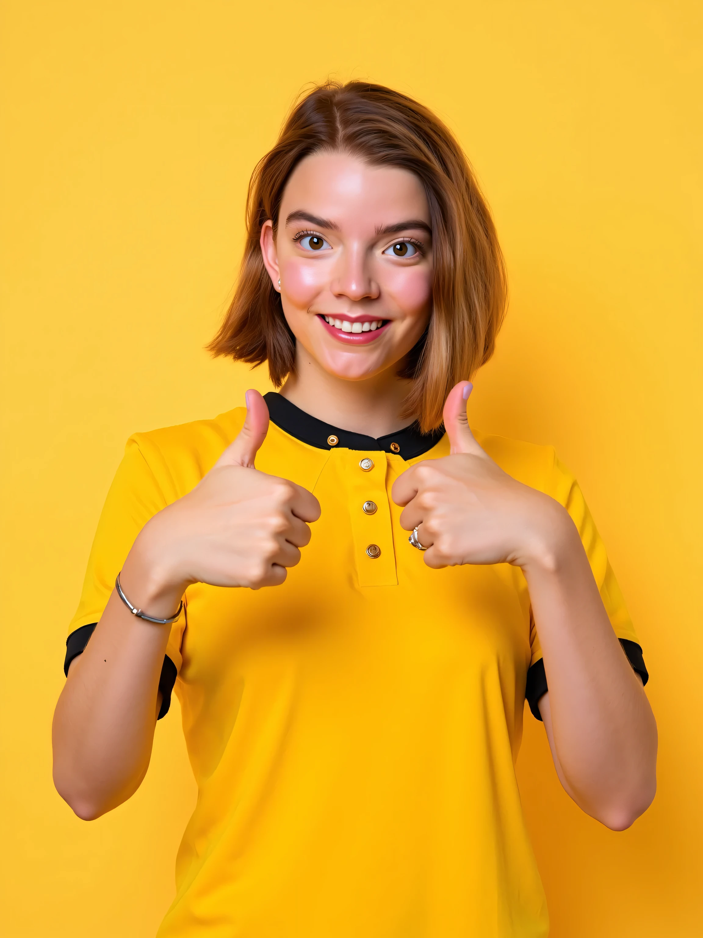 europian woman, shows thumbs up, yellow polo t-shirt black sleeves black short sleeves black collar, 1 man, Solo, High Quality, smile girl, black collars on t-shirt, empty neck, clear neck, bare neck