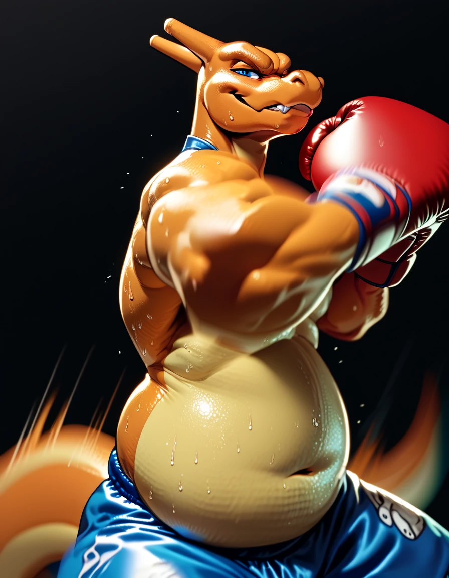 a detailed picture of a male anthro, slim body, in a boxing ring, Ross Tran, ruan jia, trending on artstation, foxovh, (intense expression, forked tongue), ((wearing yellow boxing shorts)), monitor lizard, light blue scales,