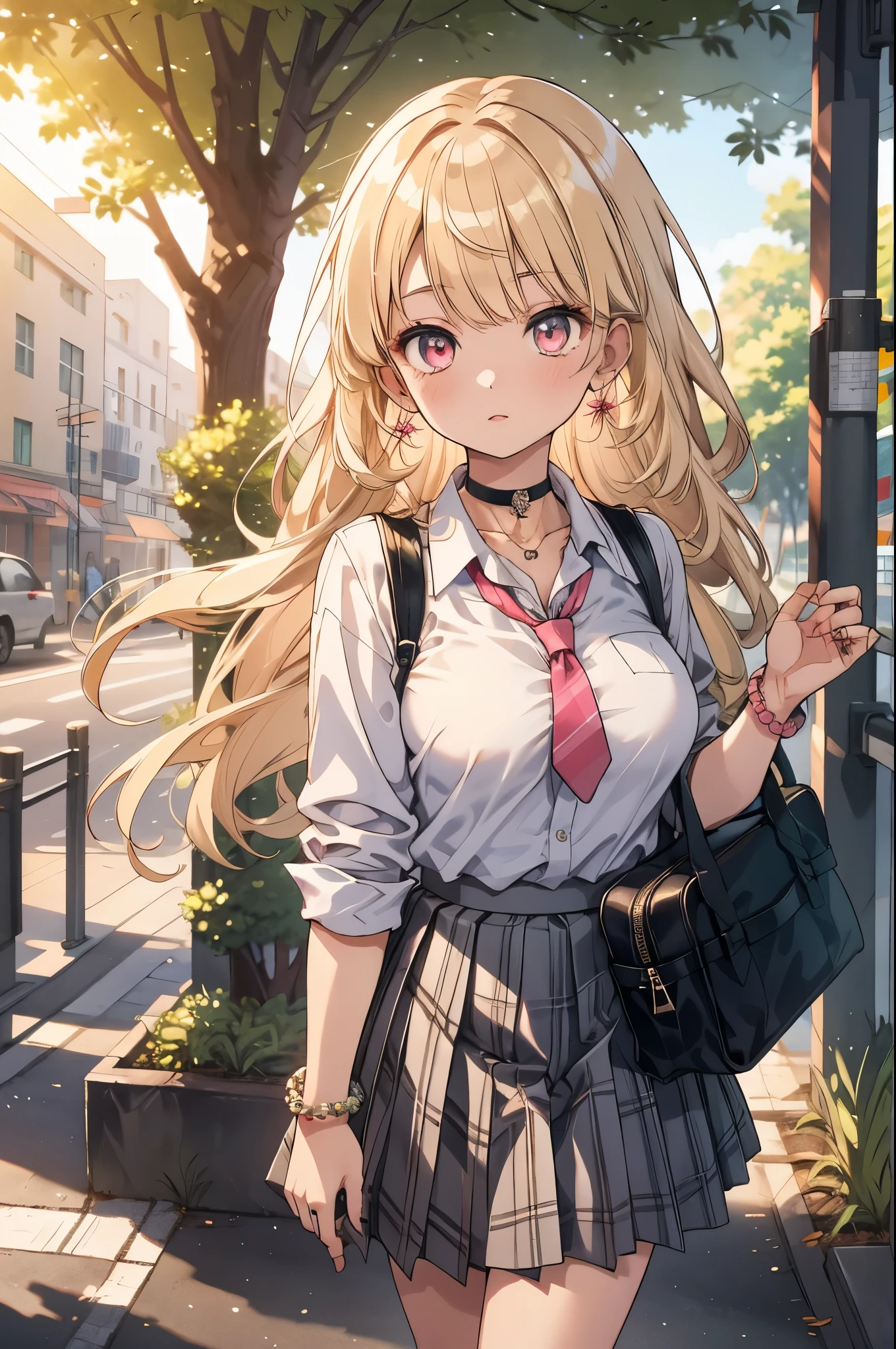  Masterpiece,  top quality,  I'm looking at the viewers,  green, ktgw ,  long hair,  Swift Bangs,  multi-colored hair ,   color chip  ,   blonde hair,  pink eye,  big breasts,  ear piercing, bead  bracelet,  bracelet, ring,   pendant choker  ,  white collared shirt,  tie shirt,   blue tie,  pleated skirt,   plaid skirt,  v overeye ,  school bag,  holding strap,  outdoor, ãã©ã¹ , tree, sunlight, Sidewalk, building, 