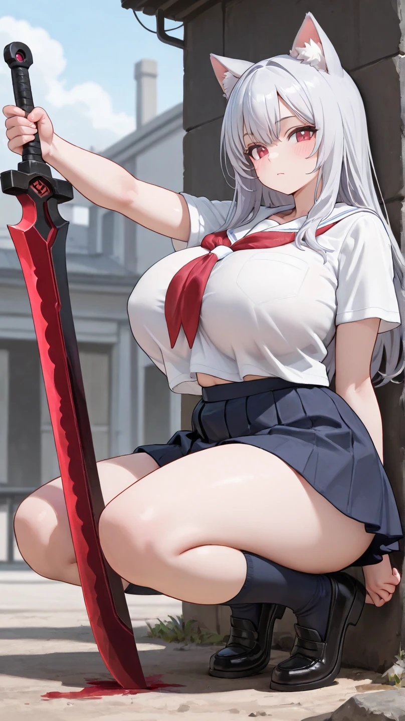 Girl with a Japan sword、Round, black eyes、Bloody white shirt、A girl covered in blood after being splashed with blood. She lifts her skirt with both hands.、Showing off cute white underwear.、Black garter belt、Black rough fishnet stockings、Plain white shirt with red tie、Standing posture、Abandoned Factory