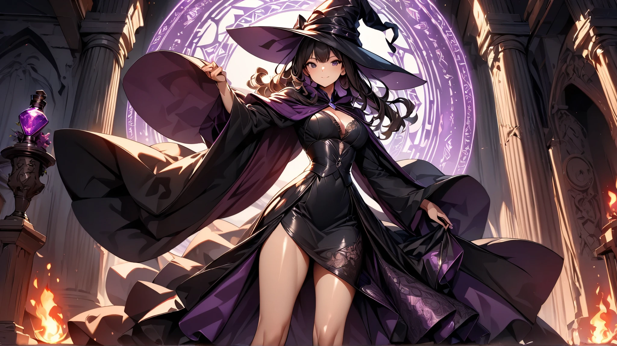 A woman with long black hair wearing a witch outfit, holding a ruby sword