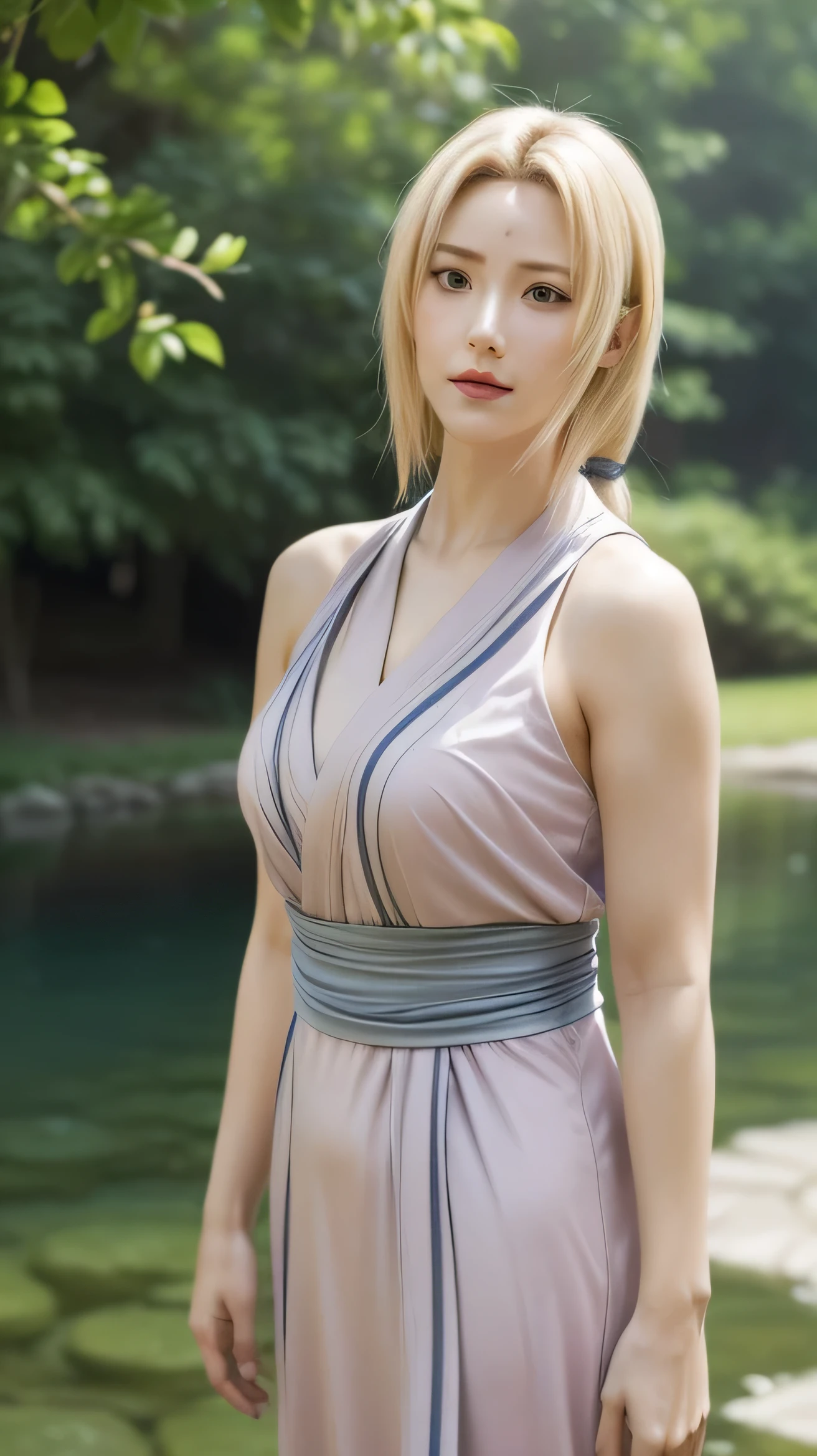 "Create a highly detailed, realistic wallpaper of Tsunade from the Naruto series. She should be standing in a serene environment, with a beautiful bouquet of flowers in her hand. The flowers should be colorful and vibrant, with a subtle glow effect to give them a soft, ethereal appearance.
Tsunade's anime dress should be intricately designed, with a focus on capturing the subtle textures and nuances of the fabric. Her hair should be long and flowing, with a few strands falling across her face.
Her expression should be calm and serene, with a hint of a smile playing on her lips. The overall mood of the image should be one of peaceful tranquility and beauty.
Color Palette:
- Soft, pastel colors such as pink, blue, and yellow should dominate the scene, with subtle hints of green and brown.
Style:
- The image should be highly detailed and realistic, with a focus on capturing the subtle textures and nuances of Tsunade's character design."