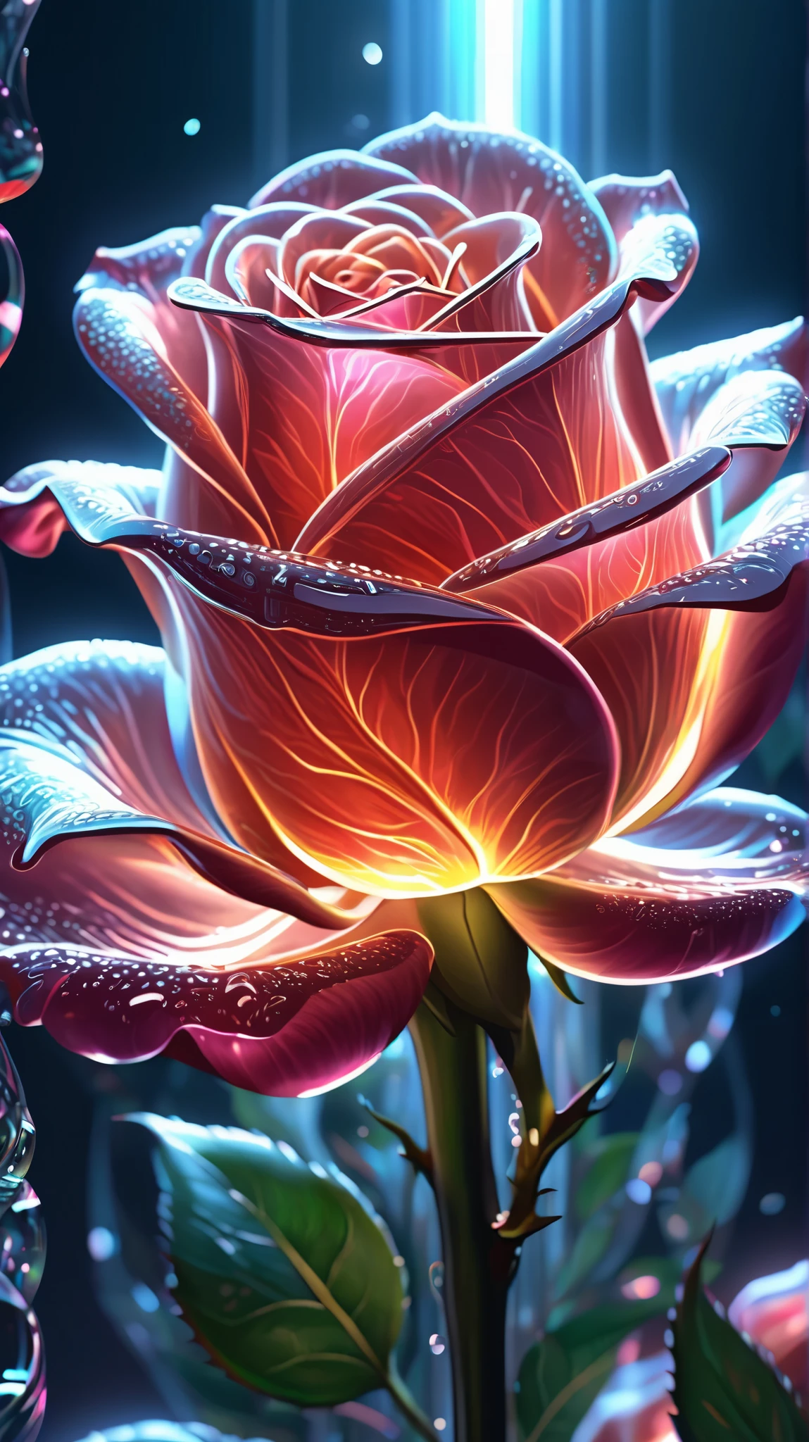 Breathtaking Digital Illustration of Large Translucent Glass Rose Buds , Details, refraction, uniform with instantaneous , ( transparent petals (Glowing female character figure)), Sacred Mystical Event Setting . Award winning , professional , highly Details