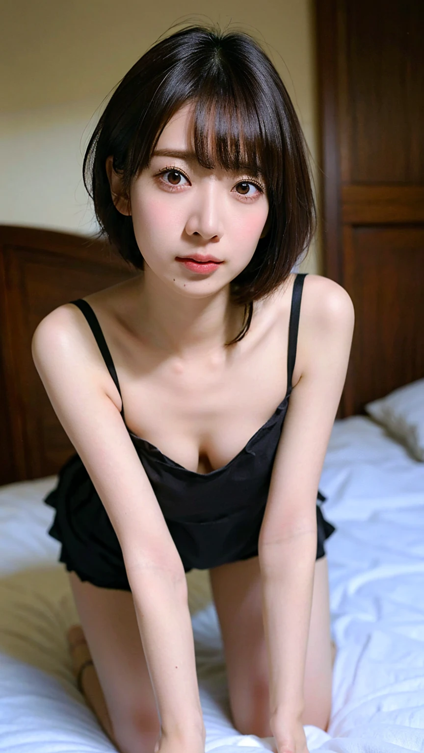 ((Best Quality)), ((masutepiece))、Faces of schoolchildren、Black hair straight、bob cuts、skinny thigh、small hand、((Looking at the camera))、((on all fours))、AV、((con))、nsfw、