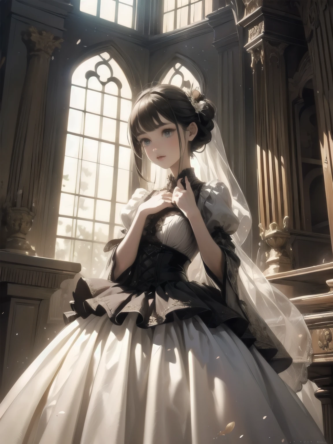 bride: wedding ring shining on ring finger Fusion of medieval European fashion Emphasis on elements of cuteness and adoration Posed illustration of the overwhelming cuteness of the character in the foreground Overwhelming architectural and cityscape background Ultra-detailed, rich, contemporary interpretation of medieval Europe and fantasy world Realistic textures, Professional artistic shading and light sources, scene-like cinematography and effects, depth of subject One beautiful girl, super cute, bob cut, side ponytail, perfect anatomy
Colours: pastel, white, pale purple, blue, gingham check
Materials: chiffon, lace, satin, velvet, etc. Silhouette: fluffy skirt, A-line, long length
Decoration: frills, ribbons, lace, pearls, embroidery etc. Coordinates Romantic princess: pastel dress, lace blouse, fluffy skirt, ribbon hair accessory, black tights Add accessories and accessories to personalise.