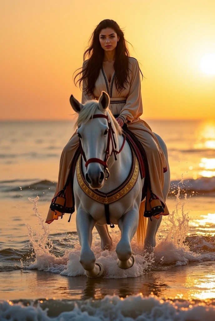 Arab woman riding a white horse on the beach