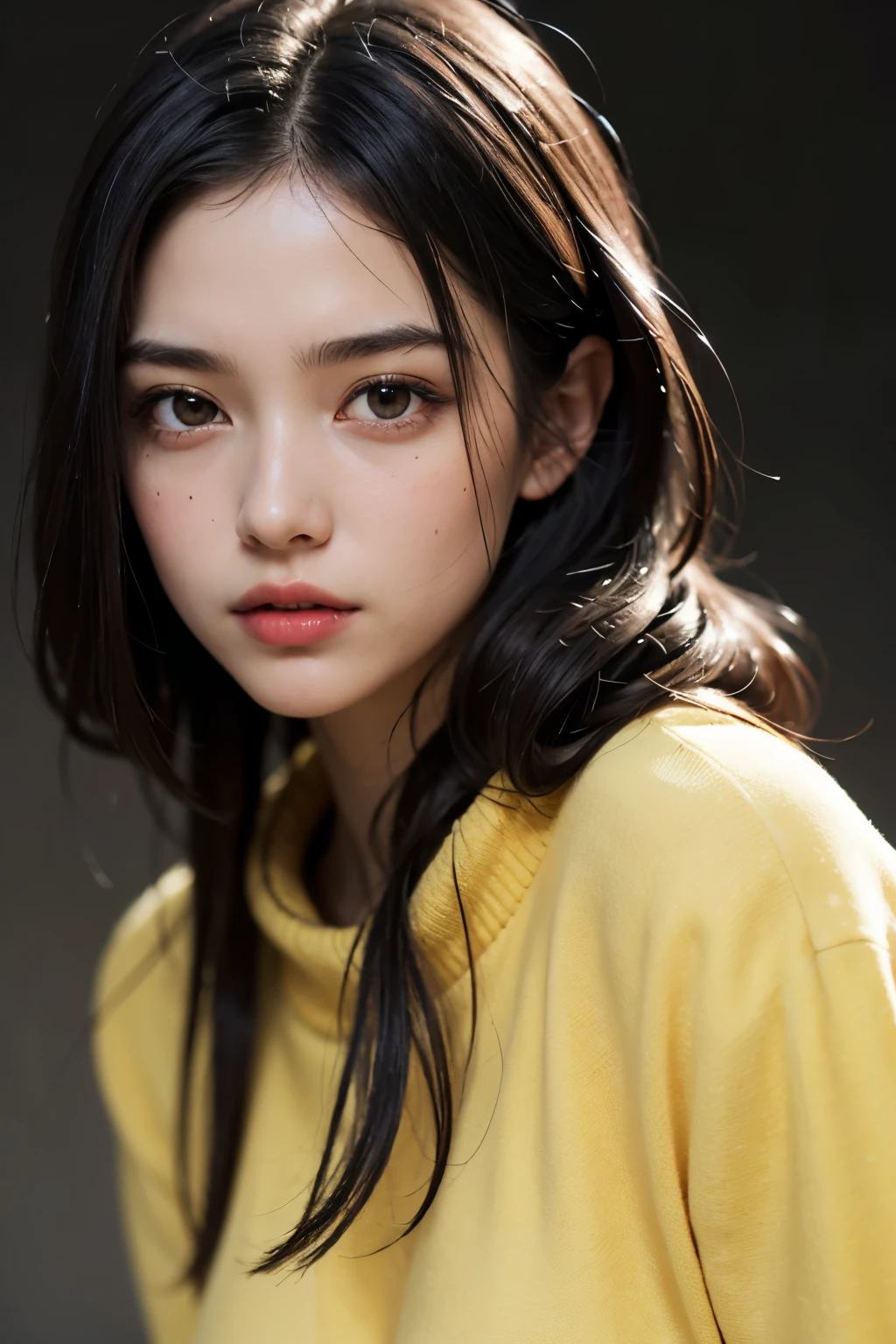 The highest image quality, tmasterpiece, Super tall:1.4), Number of photos, 1 girl in,Highly Detailed Face and Skin Textur,  detailed eyes , photorealistic eye, beautiful detailed eyes, (Realistic skin), Attractive, Ultra-high sharpness, hyperrealistic, Very meticulous, the golden ratio, (sweatshirts, water leakage, that&#39;It&#39;s too dark, be desperate, compassionate, Poor, film lighting, watery big eyes, watery big eyes, (Torn clothes: 1.5), ((wetclothes: 1.4)), shoulder, True rain, Wet hair, ((Korea, of the whole body))