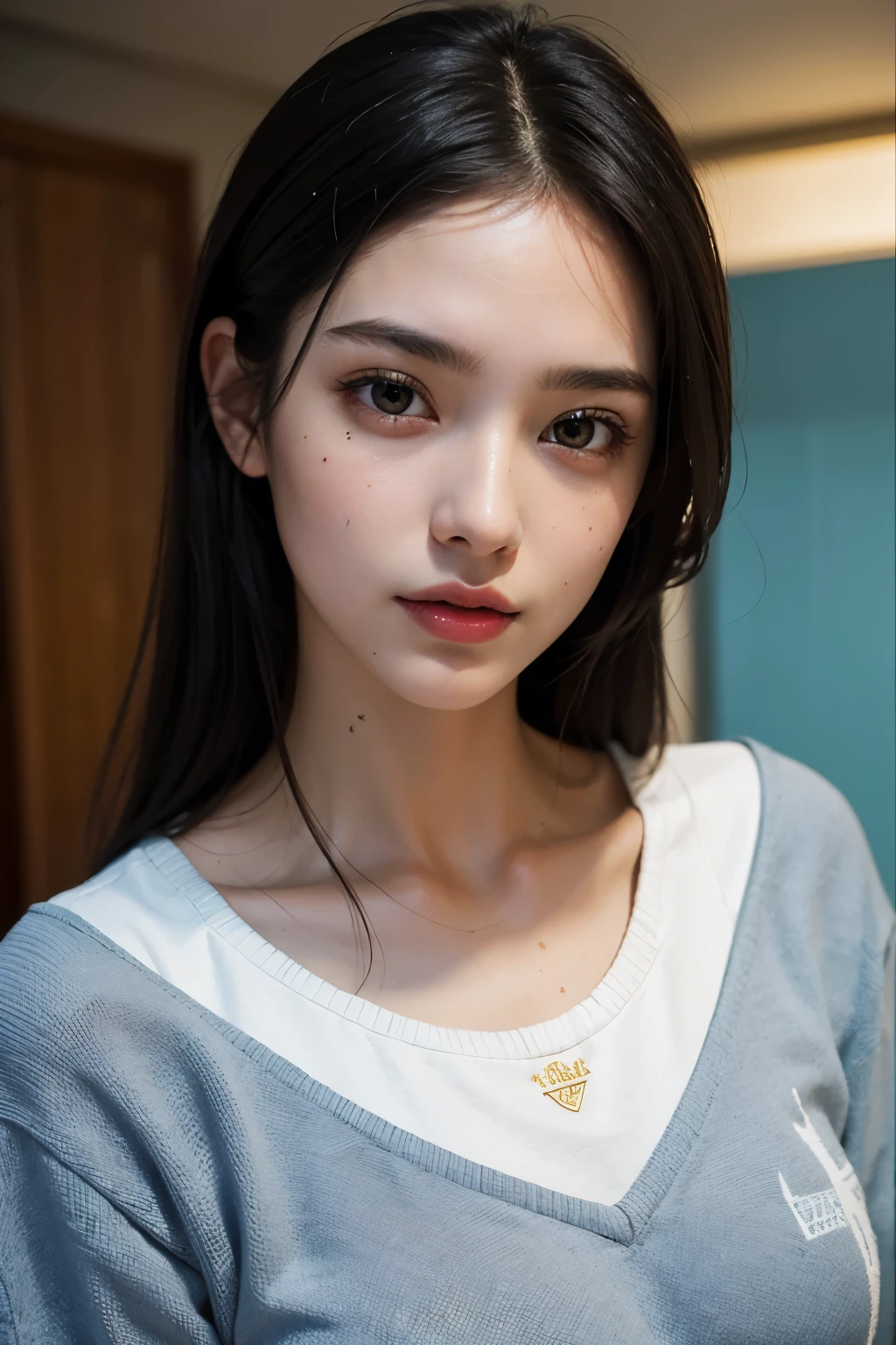 The highest image quality, tmasterpiece, Super tall:1.4), Number of photos, 1 girl in,Highly Detailed Face and Skin Textur,  detailed eyes , photorealistic eye, beautiful detailed eyes, (Realistic skin), Attractive, Ultra-high sharpness, hyperrealistic, Very meticulous, the golden ratio, (sweatshirts, water leakage, that&#39;It&#39;s too dark, be desperate, compassionate, Poor, film lighting, watery big eyes, watery big eyes, (Torn clothes: 1.5), ((wetclothes: 1.4)), shoulder, True rain, Wet hair, ((Korea, of the whole body))