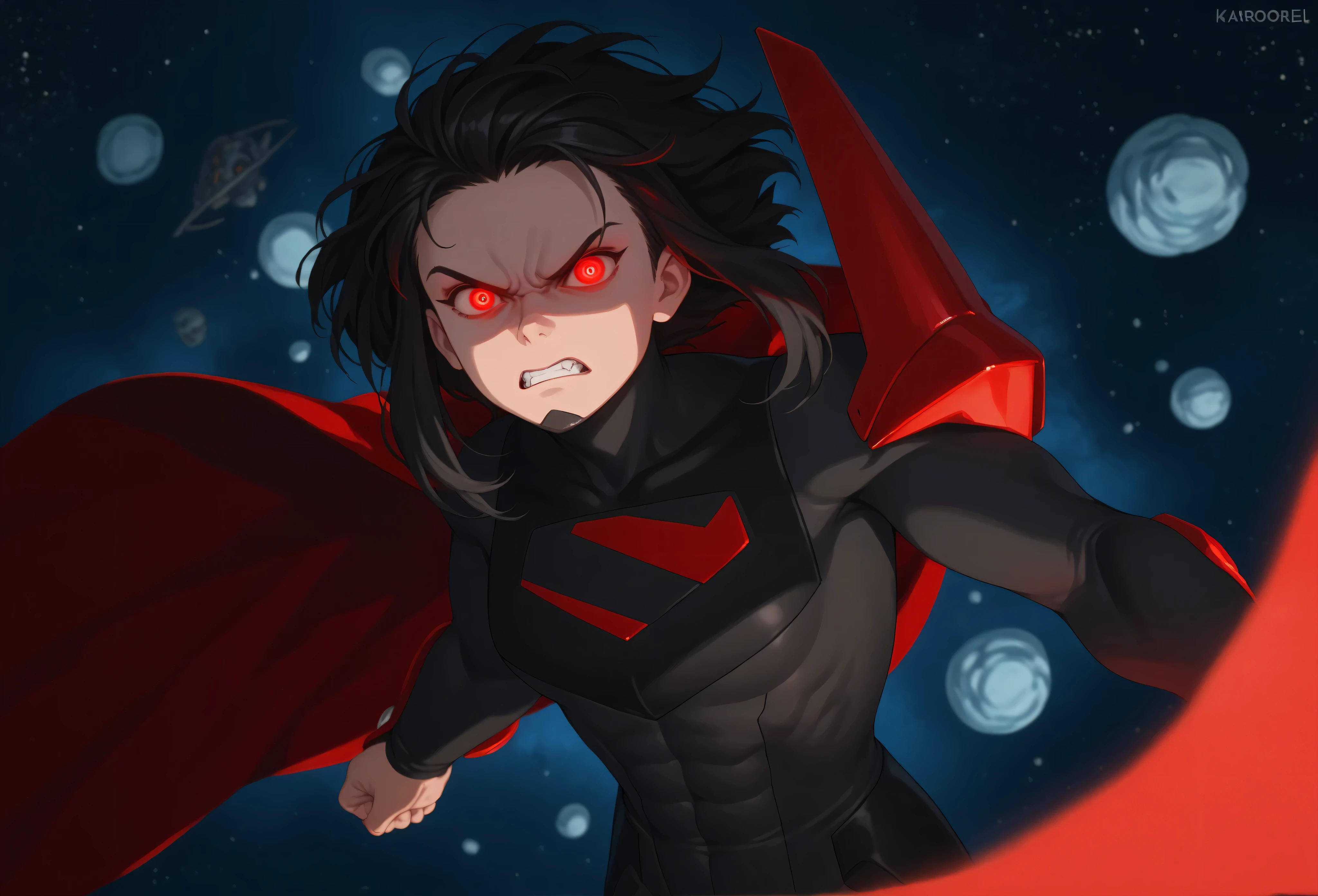 1girl, solo, karazoreldef, red eyes, glowing eyes, red aura, short hair, black hair, medium breasts, toned, karazorelfit, red cape, red glow, black two-tone bodysuit, black shoulder armor, looking at viewer, angry, space, asteroid, floating, airborne, rage, both knuckles close, ready to fight,