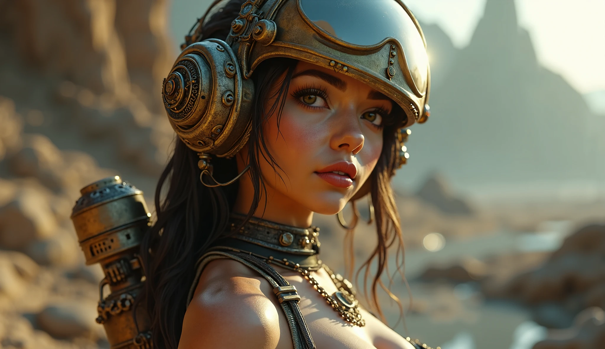 painting of a woman in a futuristic helmet surrounded by other people, julie dillon, album art for char zulu, smogpunk, heavy metal comic cover art, cinemascope panorama, bluray image, mechanic, jean baptiste monge --auto --s2