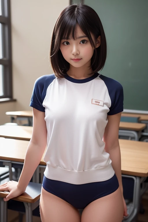 8k、high resolution、masterpiece、realistic、In detail、Fine texture、portrait from head to toe、high contrast、alone、high school girl、natural body shape、white skin、natural makeup、black hair、blunt bangs、bowl cut hair、((School-specified gym clothes))((Upper body in gym clothes、Long length、short sleeve、There is a wine red line))、((The lower body is wine red tight bloomers))、sitting with legs apart、small breasts、、((Upper body in gym clothesを着ています))、((school classroom))、looking at the camera、、full body photo、focus on crotch、thighs exposed、white socks、white shoes,shirtlift,