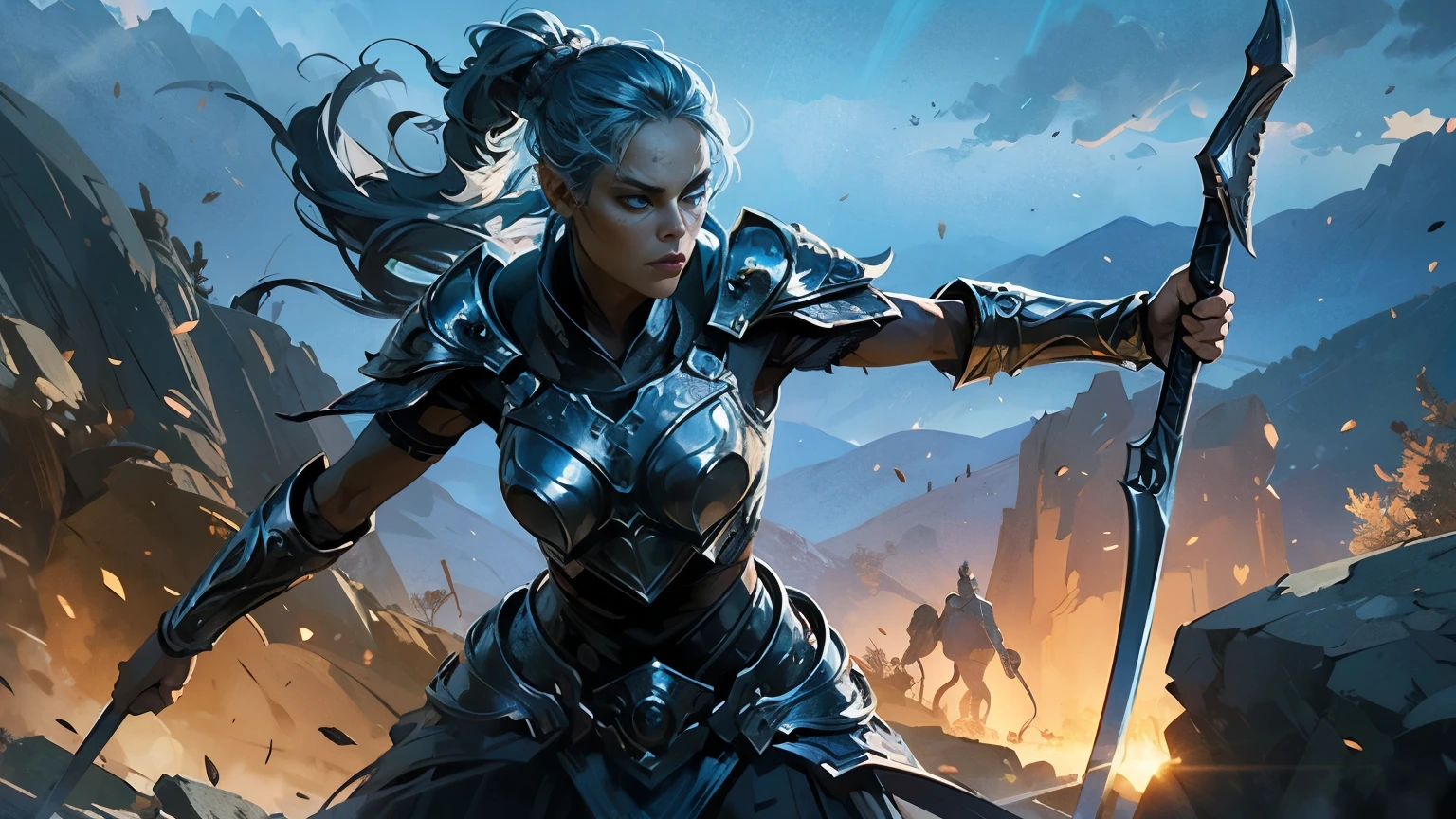 Create a dramatic and intense anime-style digital illustration of a fearless female warrior standing heroically in the midst of a chaotic battlefield. She should have striking light blue hair that flows dynamically in the wind, and piercing blue eyes that shine with determination and strength.

The female warrior should be dressed in a suit of intricately designed armor that resembles a flowing dress, complete with metallic accents and ornate details that reflect the light of the sun. In her hand, she should grasp a mighty sword that shines with a subtle glow, its blade etched with ancient runes that seem to pulse with energy.

The background of the illustration should feature a rugged and rocky mountain landscape, with towering peaks and crumbling boulders that stretch up towards the sky. The sun should be shining down upon the scene, casting a warm glow over the warrior and the landscape, and illuminating the dust and debris of the battlefield.

The overall mood of the illustration should be one of intense action and drama, capturing the fierce determination and unyielding spirit of the female warrior as she fights for victory in the heat of battle., резкая фокусировка, глубина резкости f/1.8, студийные фото