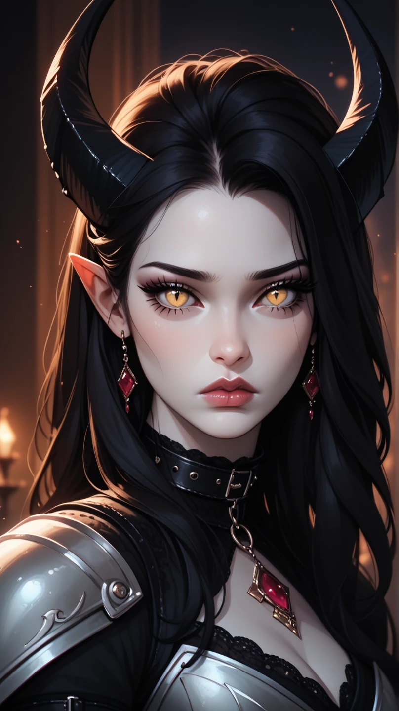 dusk, moody, gloomy, intimate close up portrait of a beautiful vampire princess, perfect shiny ivory skin, flushed, smoldering eyes, (perfect face), cleavage, shiny long black hair, frills, (Albert Lynch), J. C. Leyendecker, Ruan Jia, Gaston Bussiere, Alexandre Cabanel, WLOP, best quality