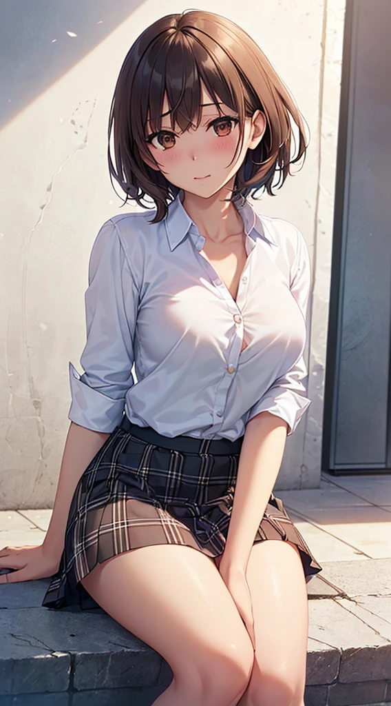 ((masutepiece, Best Quality, hight resolution, nffsw, Perfect Pixel, 4K, nffsw, nffsw))), 1girl in, Single, Solo, Beautie、full body seen、 ((Short Wave Hair, Bangs, Brown hair)), ((Brown-eyed, Beautiful eyelashes, Realistic eyes)), ((Detailed face, Blushing:1.2)), ((Smooth texture:0.75, Realistic texture:0.65, Photorealistic:1.1, Anime CG style)), medium breasts, Dynamic Angle, Perfect body, ((School uniform, White shirt, Black skirt, Unbuttoned shirt、plaid skirts、I'm not wearing shoes、White Sox)), Classrooms without people、Sit on a desk、Lower'I took my foot off the desk......................................、early evening、、、Very embarrassing panic smile、(Lift the skirt with your right hand、Open both legs、Open your knees wide、Light blue and yellow floral lace panties)、、(Light blue lace bra)、Angle from below