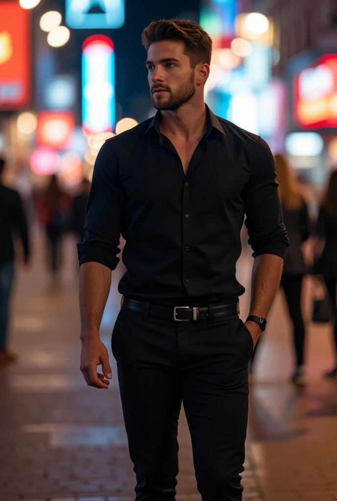 attractive European Man, ericjanicki, Handsome, short brunette hair, 30 years old, wearing a black long-sleeved shirt, black business pants with a belt and Black Leather Shoes, night city lighting