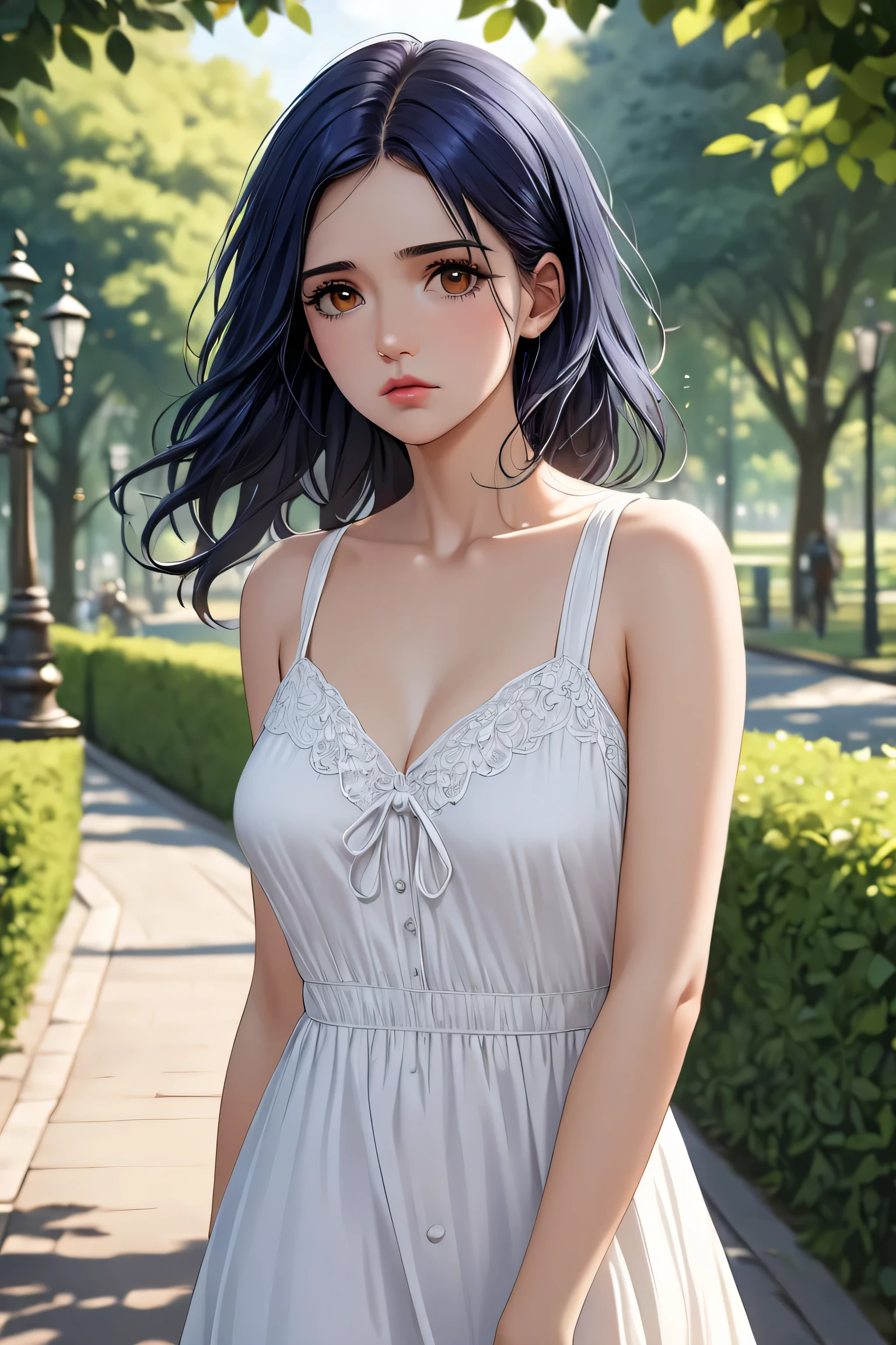 (absurd res, A high resolution, ultra - detailed, hyper HD, Cinematic), Alone, 1个Giant Breast Girl, mature, Happy,hime cut,black long hair,red eyes, (huge breasts:1.5),cleavage, collarbone, bare shoulders,armbands,girl standing in light blues flower field, light blues flower petal surrounding girl, full bodyesbian, Blue long-haired girl, light blues hair, fanciful, dream-like, Snowy Land, offcial art, trending art, contours, ultra - detailed face, ultra - detailed eyes, light blues flower field, ultra - detailed field, The white blue sky, Cold, light blues, The white, Nebula in the sky, blue tree, aquarelle, pastel colour