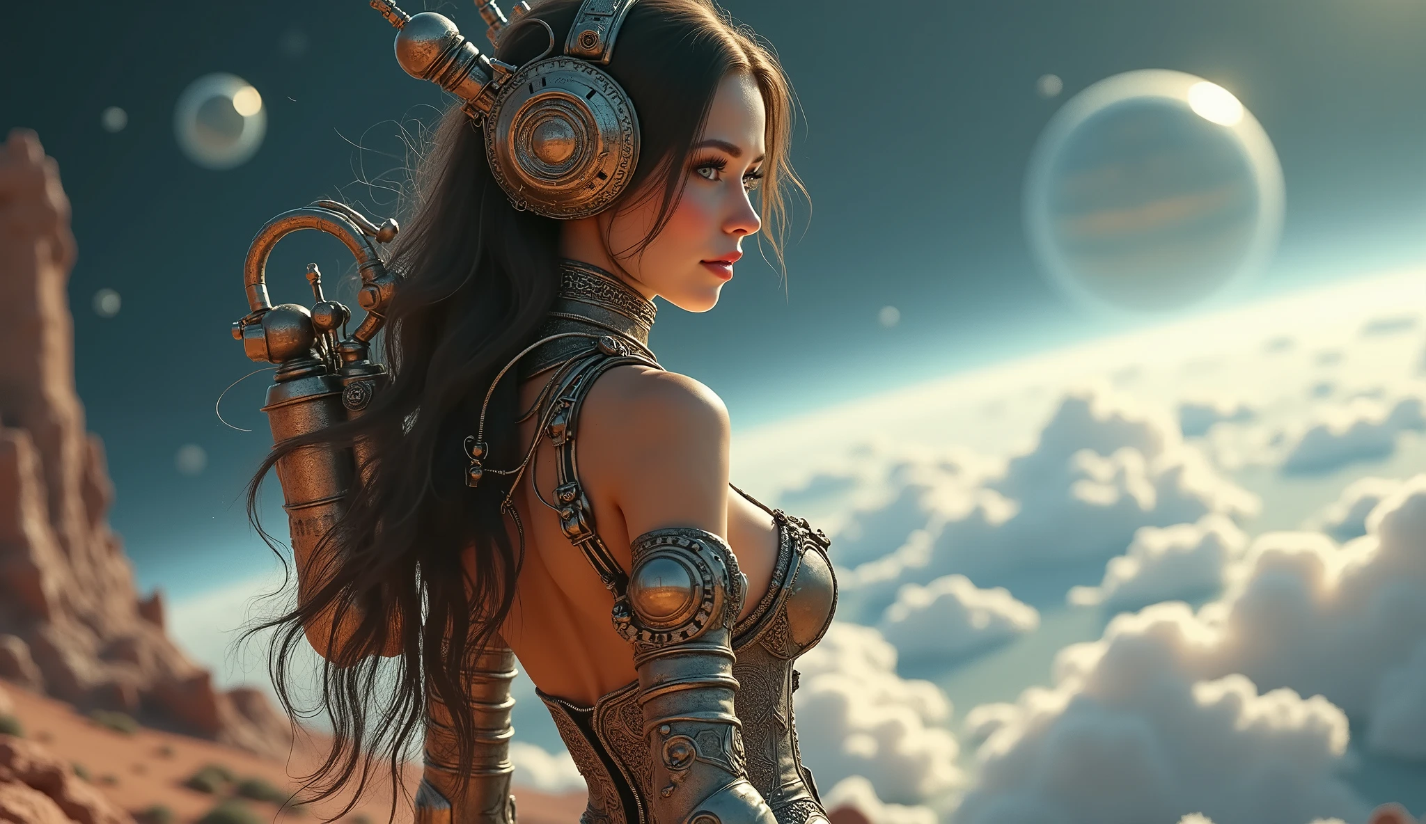arafed image of a woman in a bikini top standing in front of a large group of people, vintage sci - fi art, youtube thumbnail, heavy metal the movie, star child, by Jason A. Engle, psychedelia, protagonist in foreground, planet of the cats, key art, stephen hickman, 70s progressive rock logo, betty page fringe --auto --s2