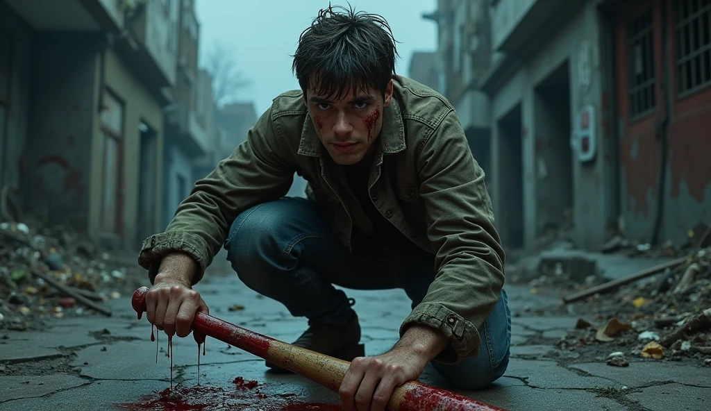Horror-themed, <lora:Fright Night 1985 style v2:0.9>
High Angle from above, In the 1980's a person holding a knife in their hand,solo,1boy,blood,blood on clothes,blood splatter,blood on hands , horror themed, dark themed, low key light, dramatic light, dramatic shadow light, contrast, cinematic color, cinematic look, filmic, realistic, realism, perfection, perfect, Kodak, Kodak film, movie still, Fright Night 1985 style, Fright Night Film style, Eerie, unsettling, dark, spooky, suspenseful, grim, highly detailed