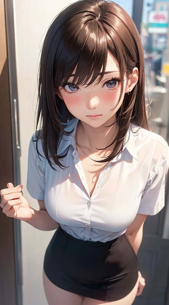 ((Tabletop, Highest quality, High resolution, Hmph, Pixel perfect, 4K, Hmph, Hmph))), One Girl, single, alone, Beauty、The whole body is visible、 ((Short Wavy Hair, bangs, Brown Hair)), ((Brown eyes, Beautiful eyelashes, Realistic eyes)), ((Detailed face, blush:1.2、Please lift your head and open your mouth a little.、Close ~ eyes)), ((Smooth texture:0.75, Realistic texture:0.65, Realistic:1.1, Anime CG style)), Medium chest, Dynamic Angle, Perfect body, ((school uniform, White shirt, Black Skirt, Unbuttoned shirt、Checked skirt、I'm not wearing shoes、White Sox)), An empty classroom、Sit at a desk、Lower'I took my feet off the desk.................................、evening、、、Very embarrassing panic smile、(Lift up your skirt with your right hand、Spread your legs、Open your knees wide、Yellow floral lace panties)、、(Cute floral bra)、Angle from below