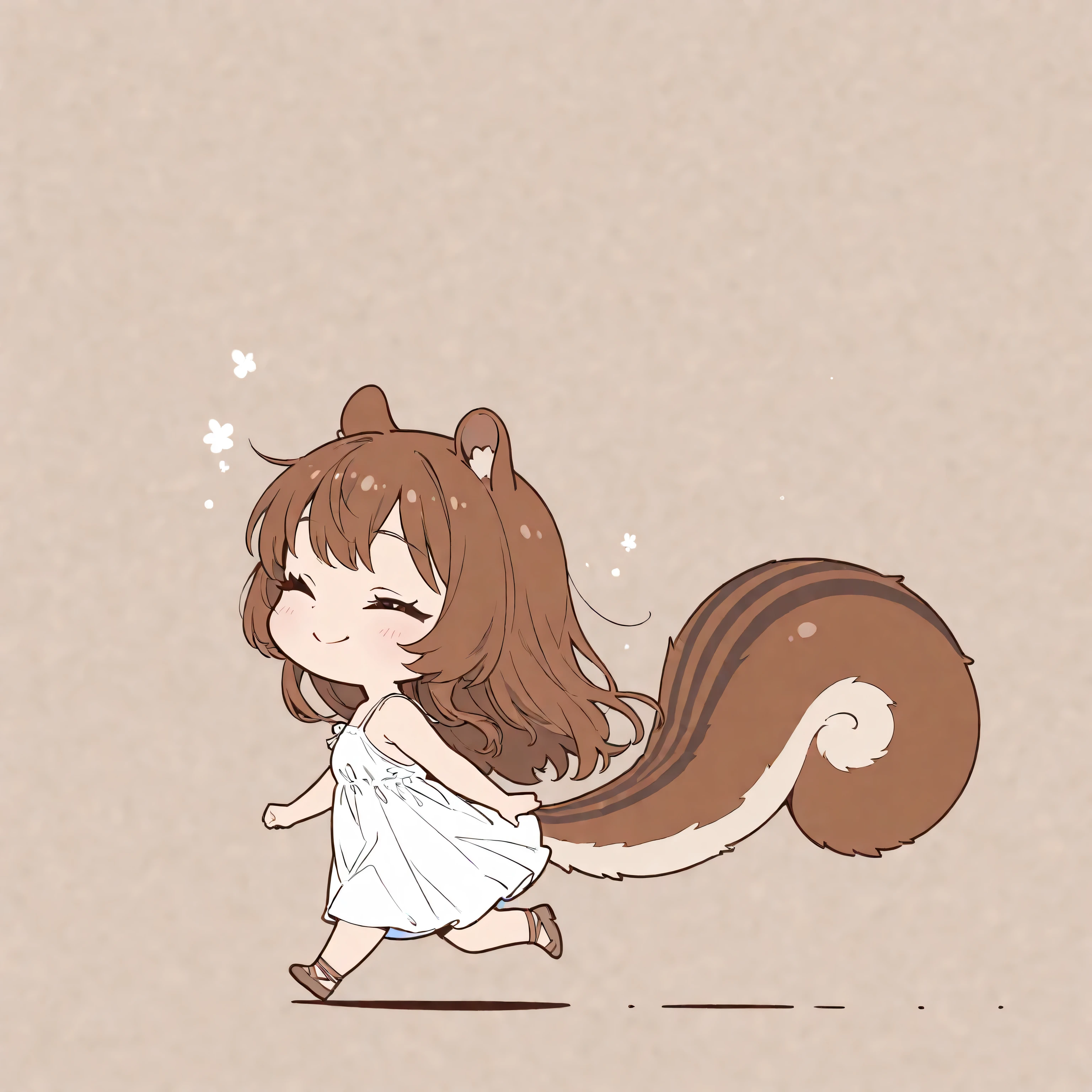 Alone, 1 girl\(( chibi:1.3), cute, cute, brown long hair in the background, Squirrel Ears, ( eye closed ), smile, beautiful skin, Walking ,  white dress ,squirrel tail , from side, full body\)  Masterpiece,  top quality,  very aesthetic,  Hi-Res,   is ridiculous, ( flat color), minimalist,