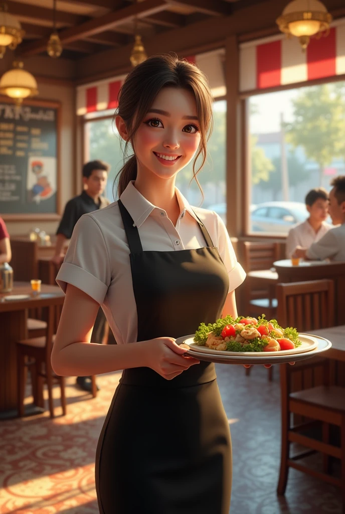Highest quality, shape, Very detailed, In detail, High resolution, 8k wallpaper, Perfect dynamic composition, Beautiful attention to detail, Wavy long hair,Big breasts and natural lips, Sexy pose,smile,25-year-old woman、Beautiful woman、Looking into the camera、Ultra-realistic、(((reality:1.5))),(((Waitress costume、mini skirt、family restaurant、Dark Brown Hair、Brown Eyes、Big and beautiful eyes:1.5)))、Standing posture、(((One Woman:1.5))),(((Japanese)))