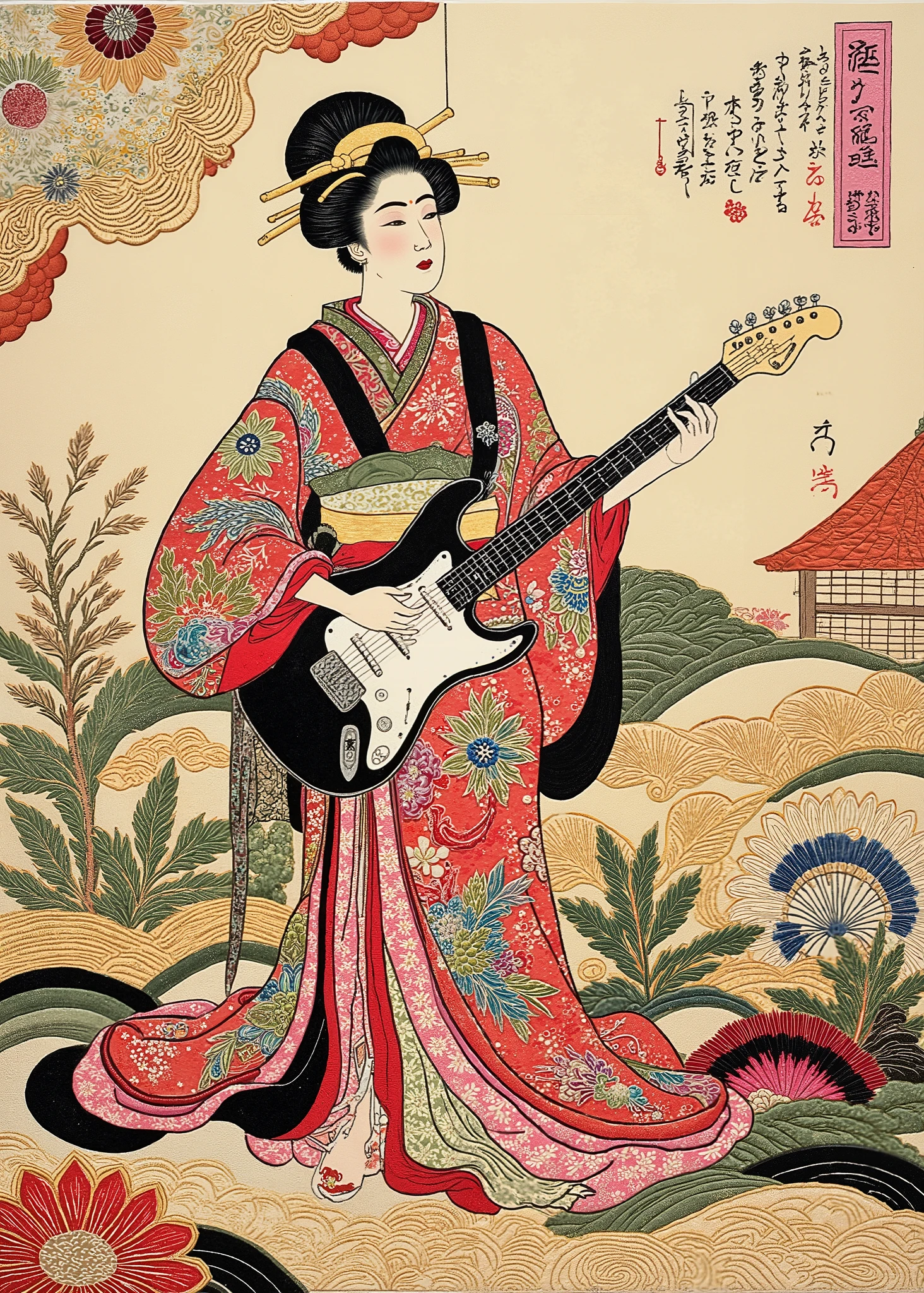   Ukiyo-e Style , 派手な kimonoを着たゲイシャがエレクトリックギターを弾いている, Ukiyo-e on Japanese paper  ,  mixed style of sumi-e and Ukiyo-e  ,  kimono, Integrated into the design in ArsMj style , Zen ink painting ,  tsukioka1 Japanese woodblock print Ukiyo-e ,  upper body,   half body photo、texture