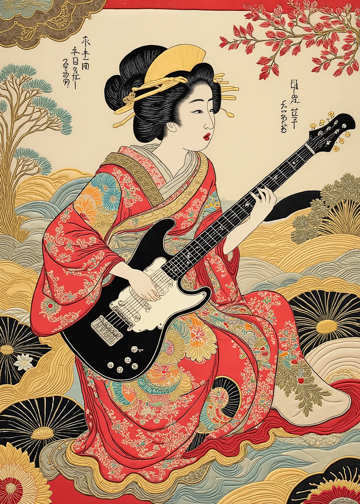   Ukiyo-e Style , 派手な kimonoを着たゲイシャがエレクトリックギターを弾いている, Ukiyo-e on Japanese paper  ,  mixed style of sumi-e and Ukiyo-e  ,  kimono, Integrated into the design in ArsMj style , Zen ink painting ,  tsukioka1 Japanese woodblock print Ukiyo-e ,  upper body,   half body photo、texture