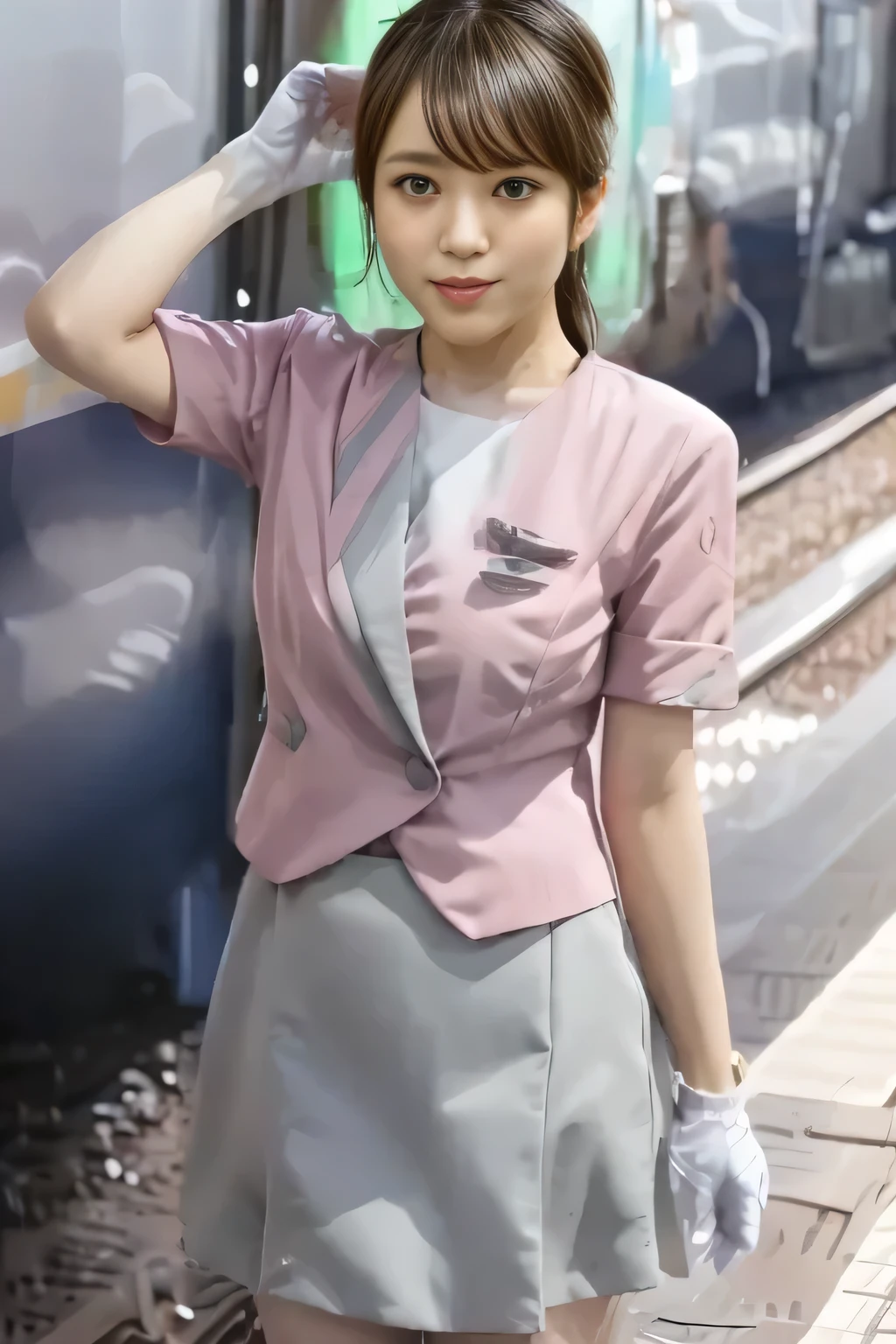 ( Masterpiece:1.2, top quality :1.2), 32kHDR, Nothing There , ( alone、 in the seat)、( Daytime building roof 、 Professional Rights )、 Facing roof of building 、( Nankai train crew uniform pinkのスタイル )、(( Nankai Train Crew Uniform Pink Short Sleeve Jacket ))、(( Nankai Train Crew Uniform Pink Short Sleeve Collarless Blouse ))、(( Nankai Train Crew Uniform Pink Gray Culotte Skirt))、 dark brown hair 、( collected hair 、 Hair bangs、 Hair bangs)、 dark brown hair 、 long hit 、 big breasted、 Read more、(( amazing hands :2.0)),(( A harmonious body shape :1.5)),((Normal limb:2.0)),((Normal :2.0)),(( Delicate Eyes Full of Determination :2.0)),((Normal goal :2.0)))、smile 、Hands folded under the body