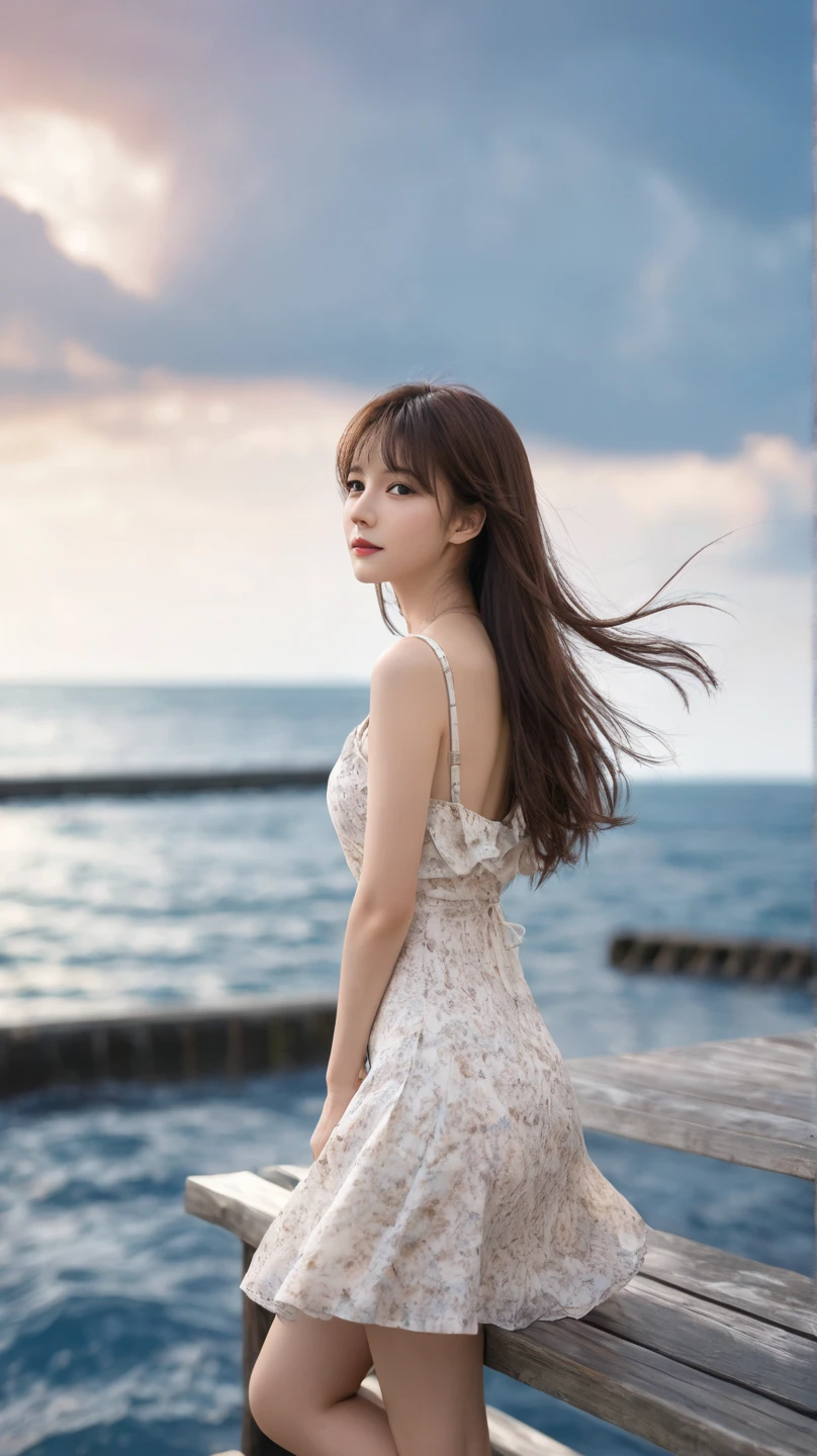(masterpiece, Highest quality), ((woman, alone, Long Hair)), Ishmael_horn, Innocent look, Bare arms, Expose your shoulders, Bare neck, watercolor, Sundress, Liquid clothing, water, Wave, water dress, green_theme, night, mist, dark, Sharp focus, Ocean, See-through dress, Orange Hair